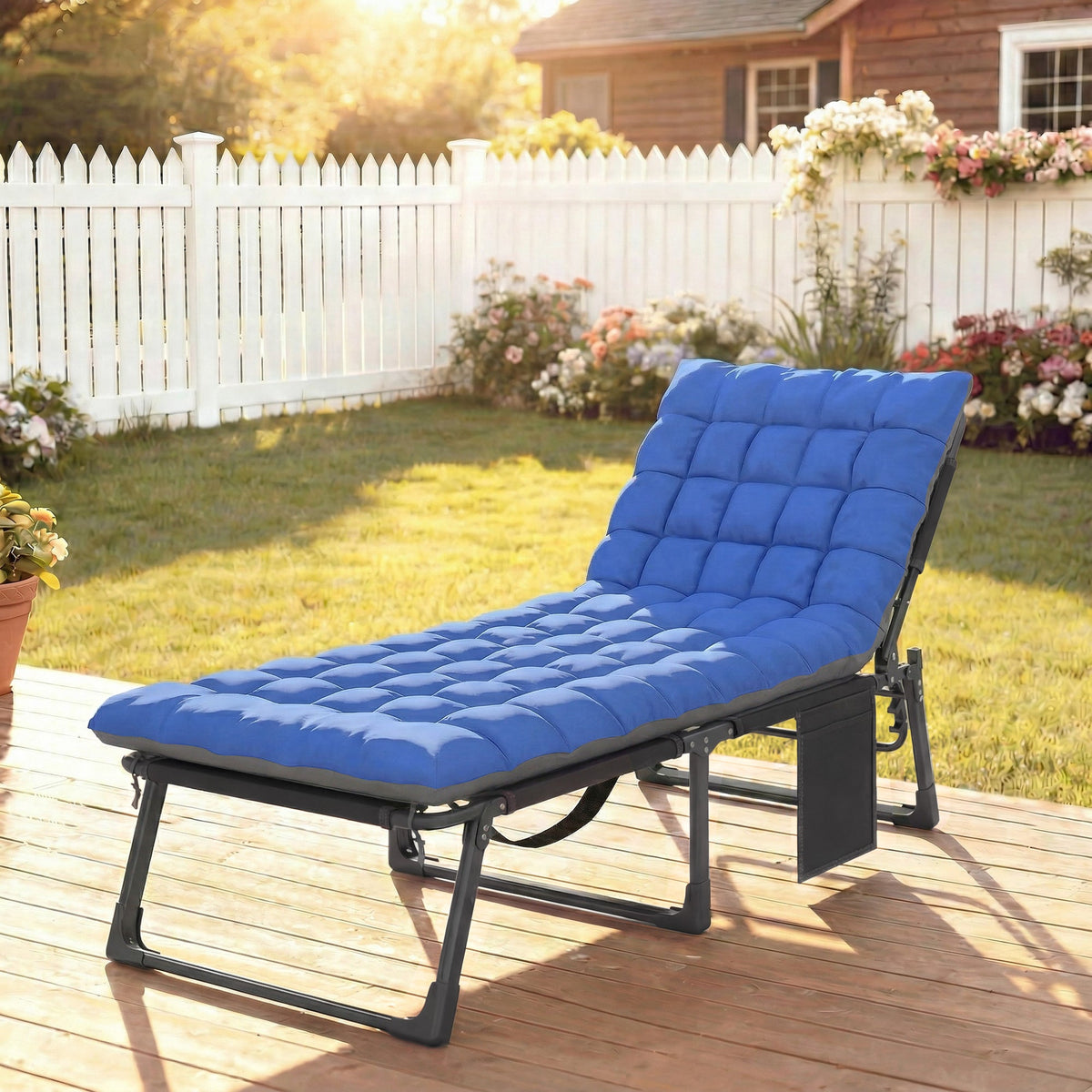 Folding Lounge Chair, 75 cm Wide with Cushion and Side Pocket, Dark Grey/Blue — product view 4