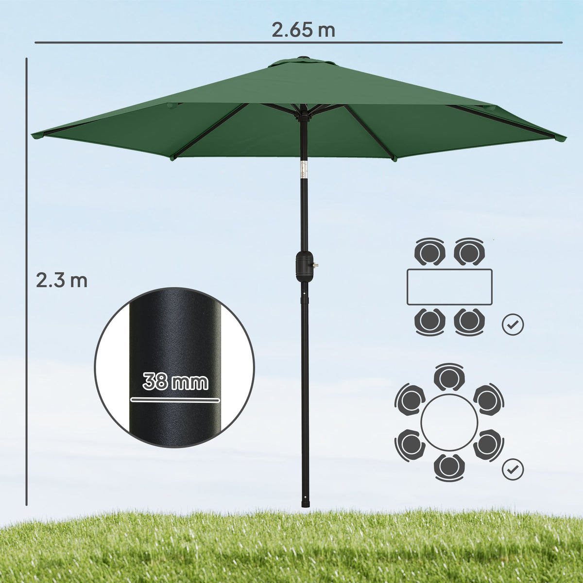 2.6 m Garden Parasol with Tilt, Crank, Vent & Aluminium Pole, Dark Green — product view 5