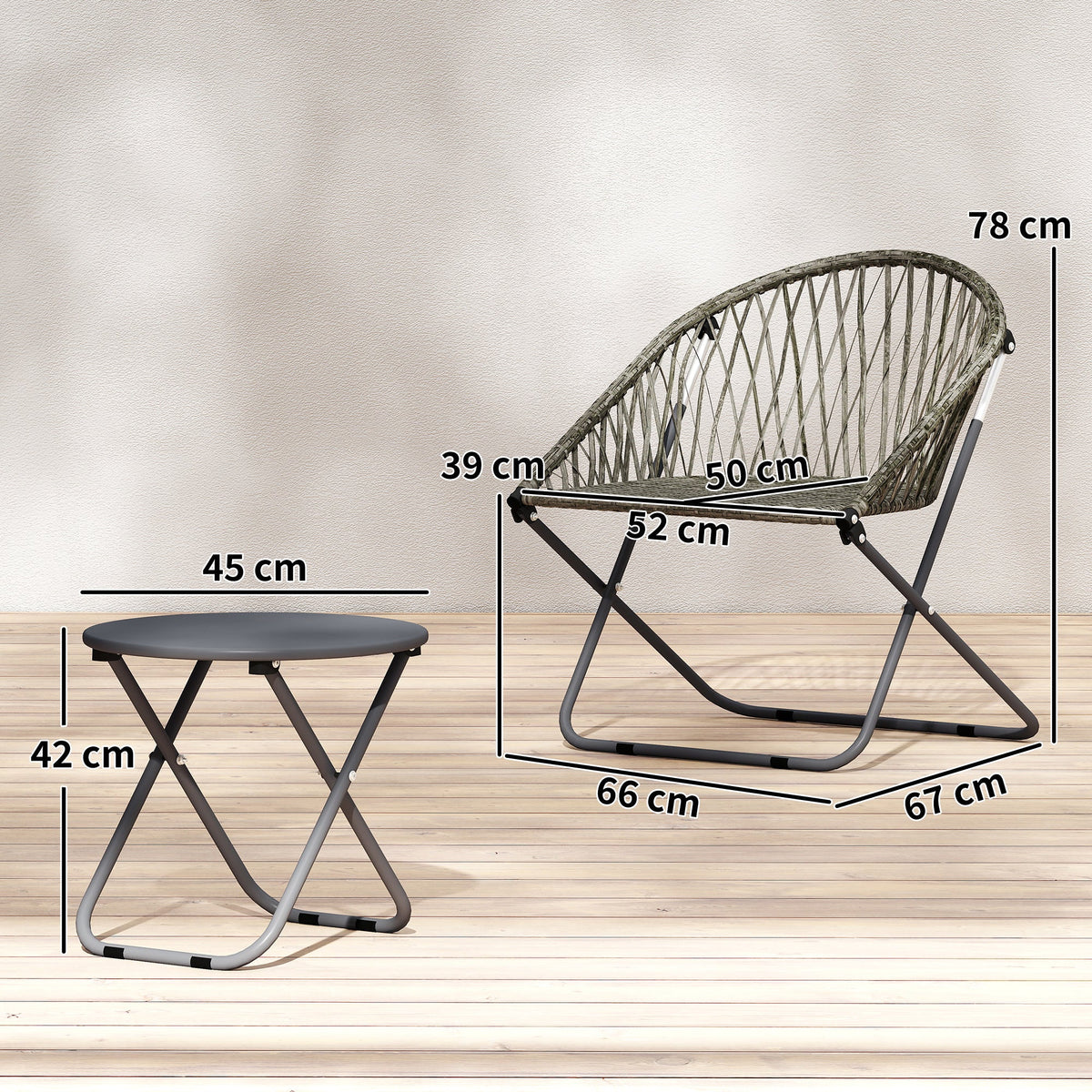 3 Piece Patio Bistro Set with Folding Rattan Chairs, Grey — product view 5