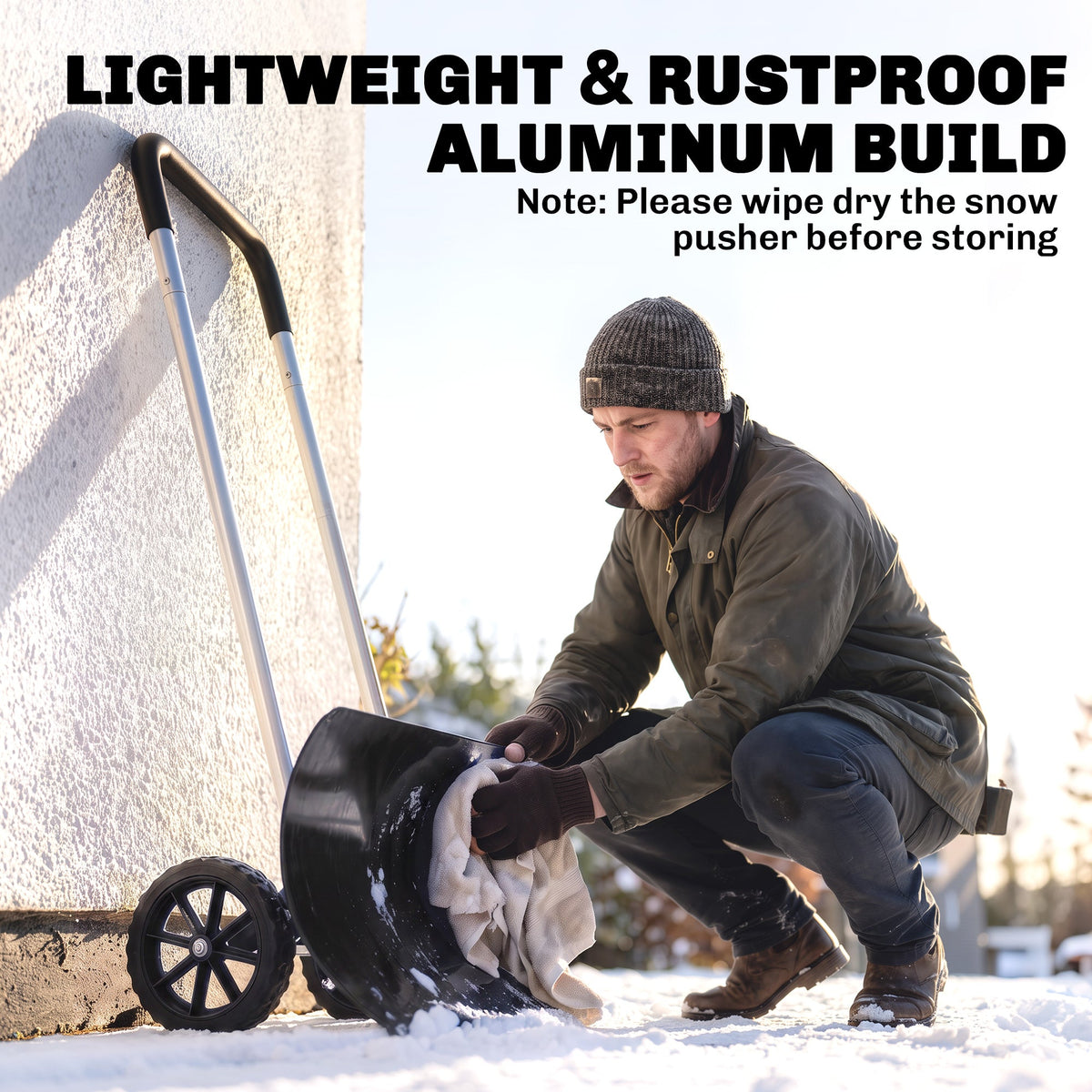 37" Extra-Wide Aluminum Snow Pusher with Wheels and Ergonomic Handle, Black — product view 6