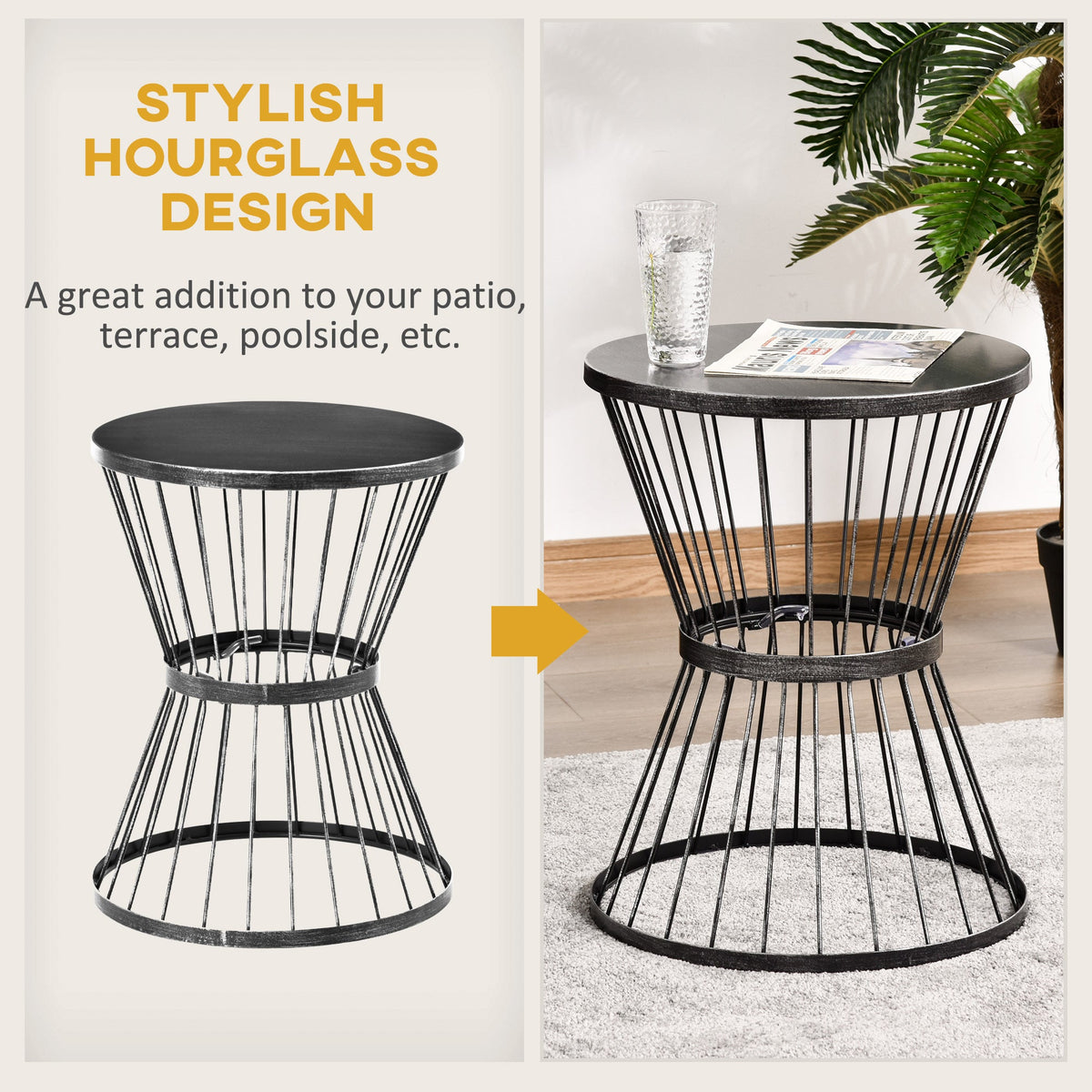 16" Steel Patio Side Table with Hourglass Design, Black — product view 6