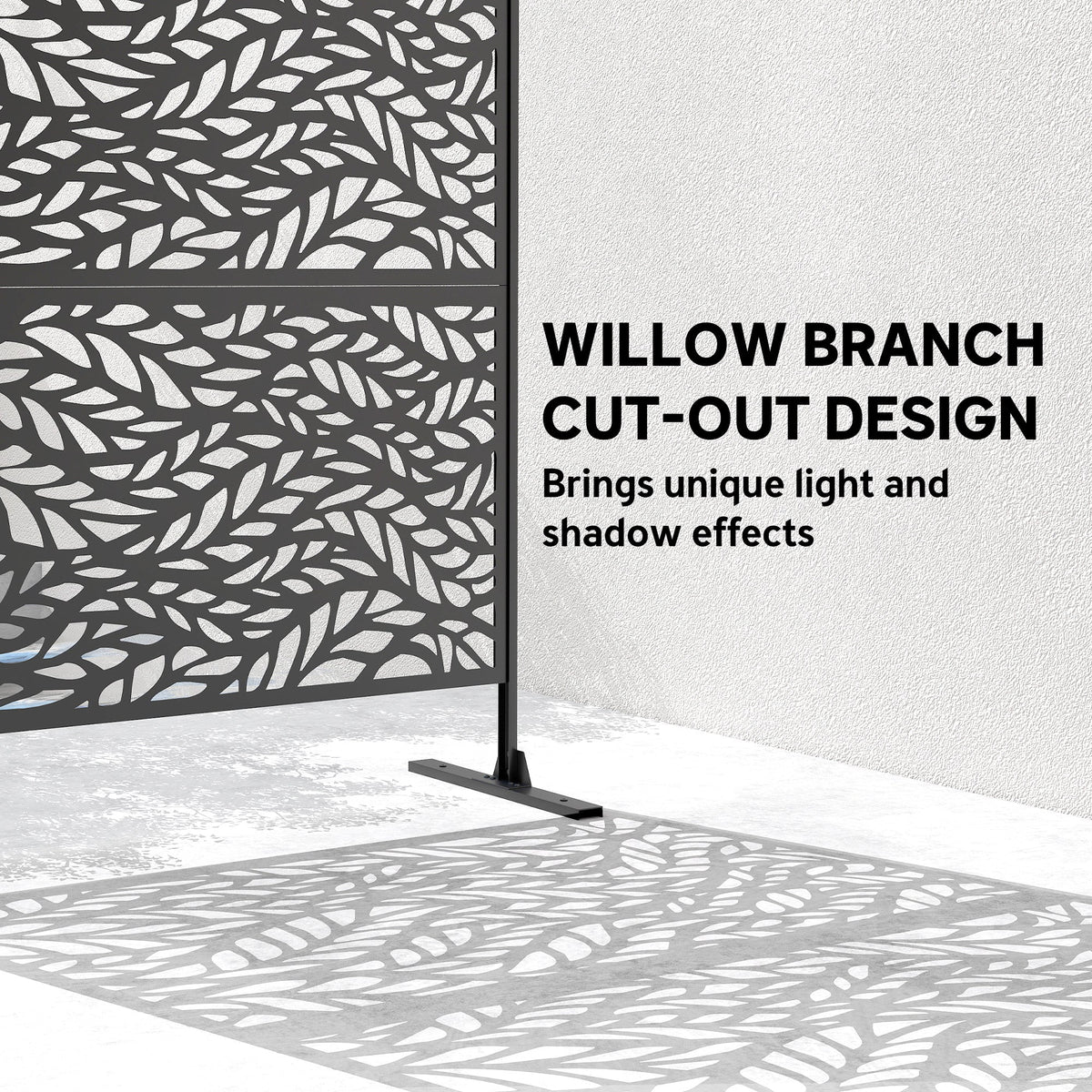 78" x 48" Metal Outdoor Privacy Screen, Willow Branch Design, Black — product view 6
