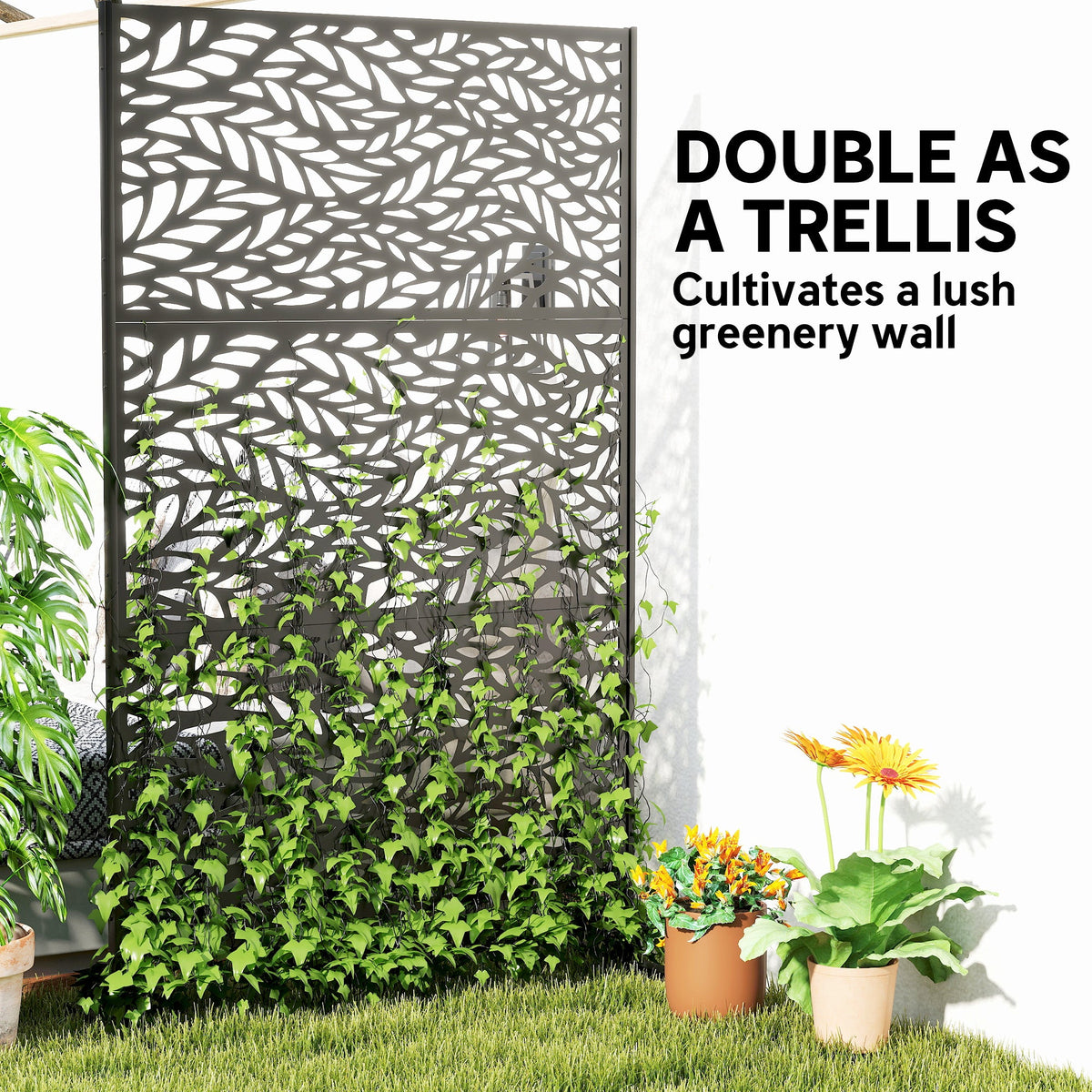78" x 48" Metal Outdoor Privacy Screen, Willow Branch Design, Black — product view 7