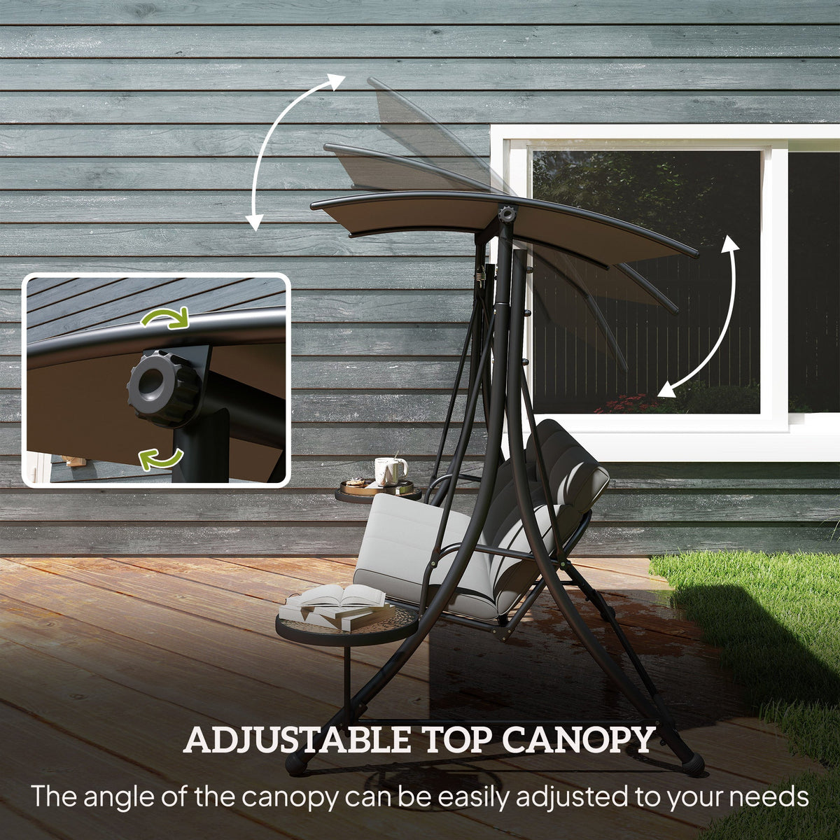3 Seater Garden Swing Chair with Adjustable Canopy & Side Tables, Dark Grey — product view 6