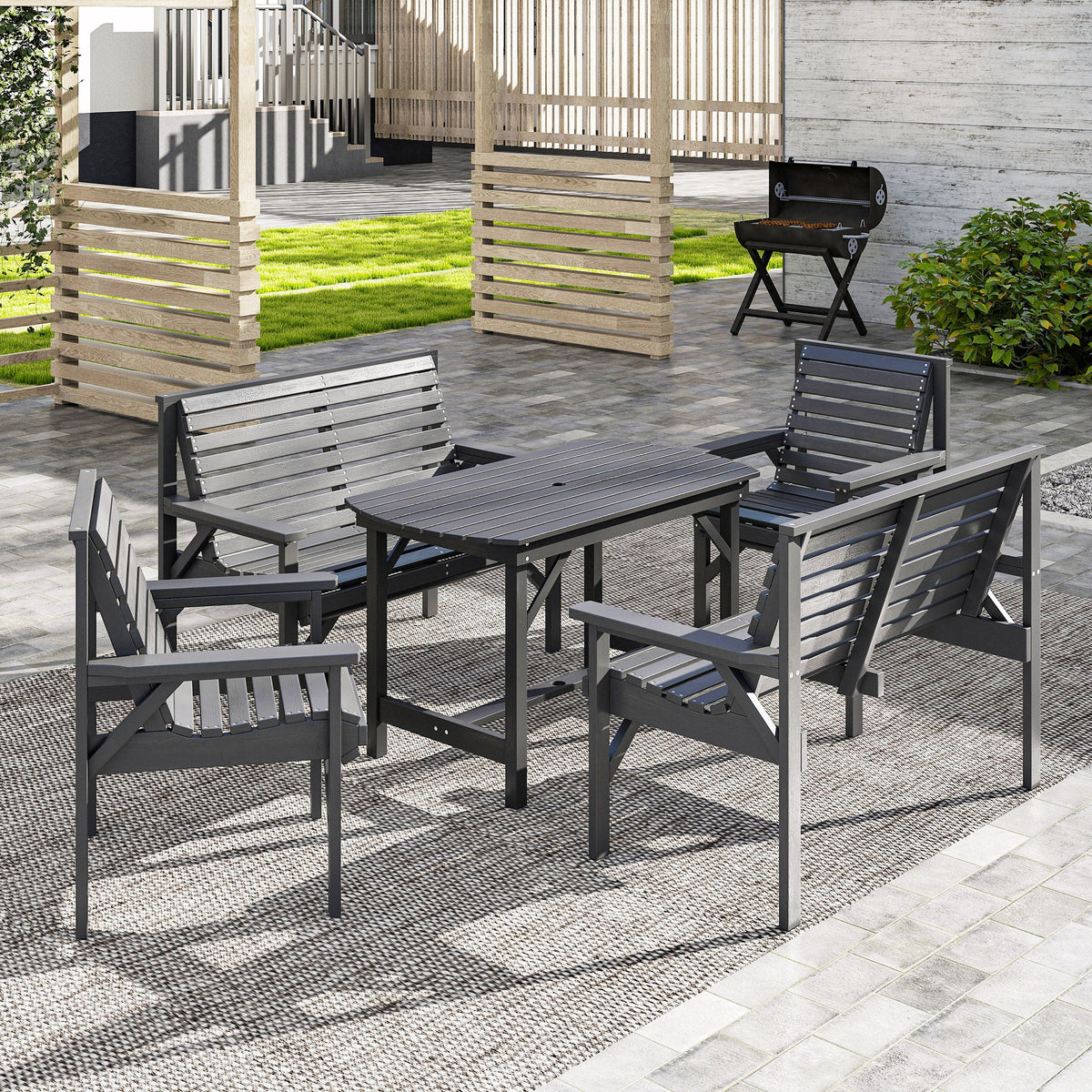5 Piece Wooden Garden Dining Set for 6 with Umbrella Hole Table, Grey — product view 4