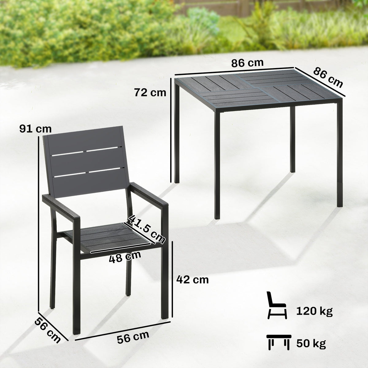 5-Piece Garden Dining Set, Square HDPE Table and Armrest Chairs for 4, Black — product view 5