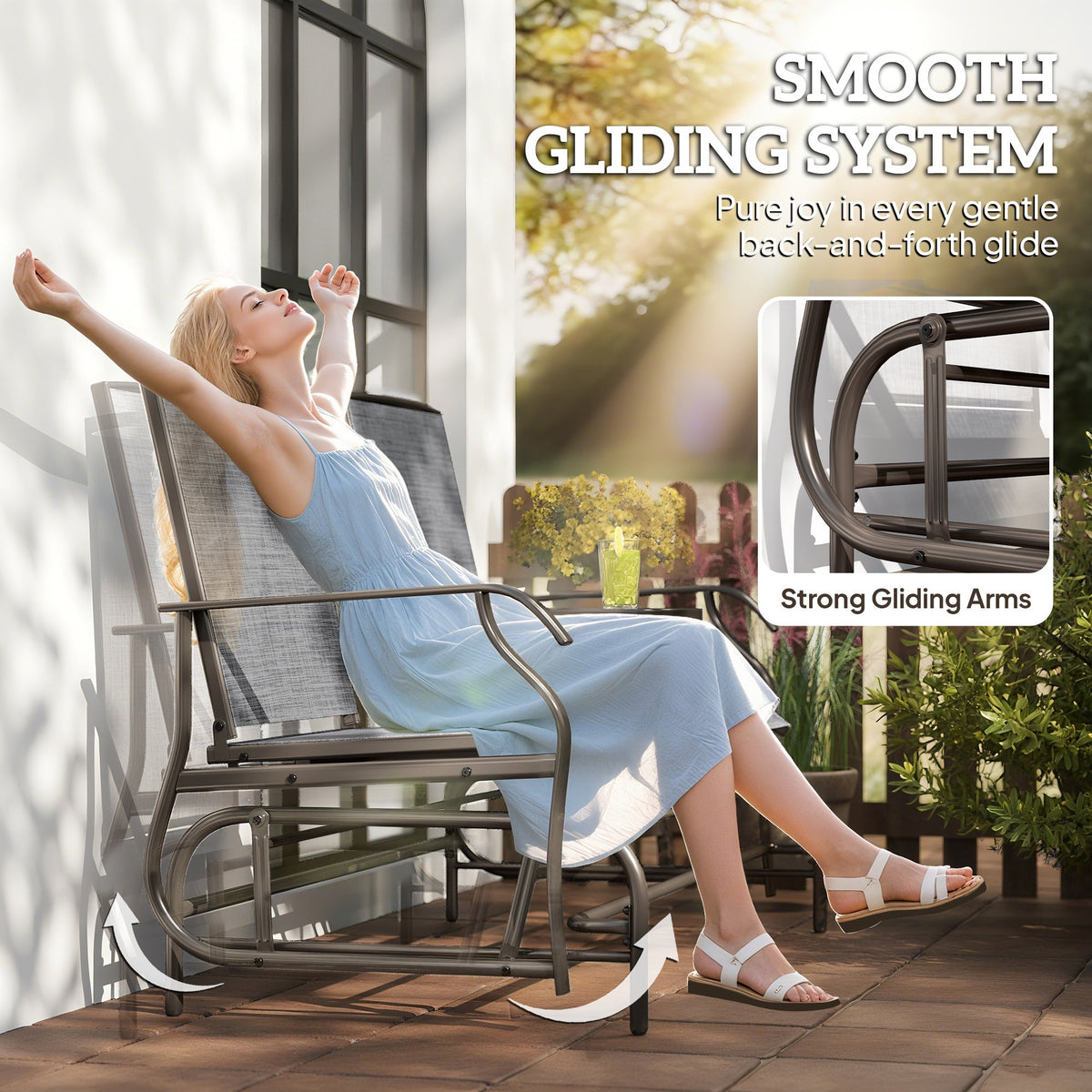 2 Seats Garden Glider Bench with Glass Top Centre Table, Brown/ Grey — product view 6