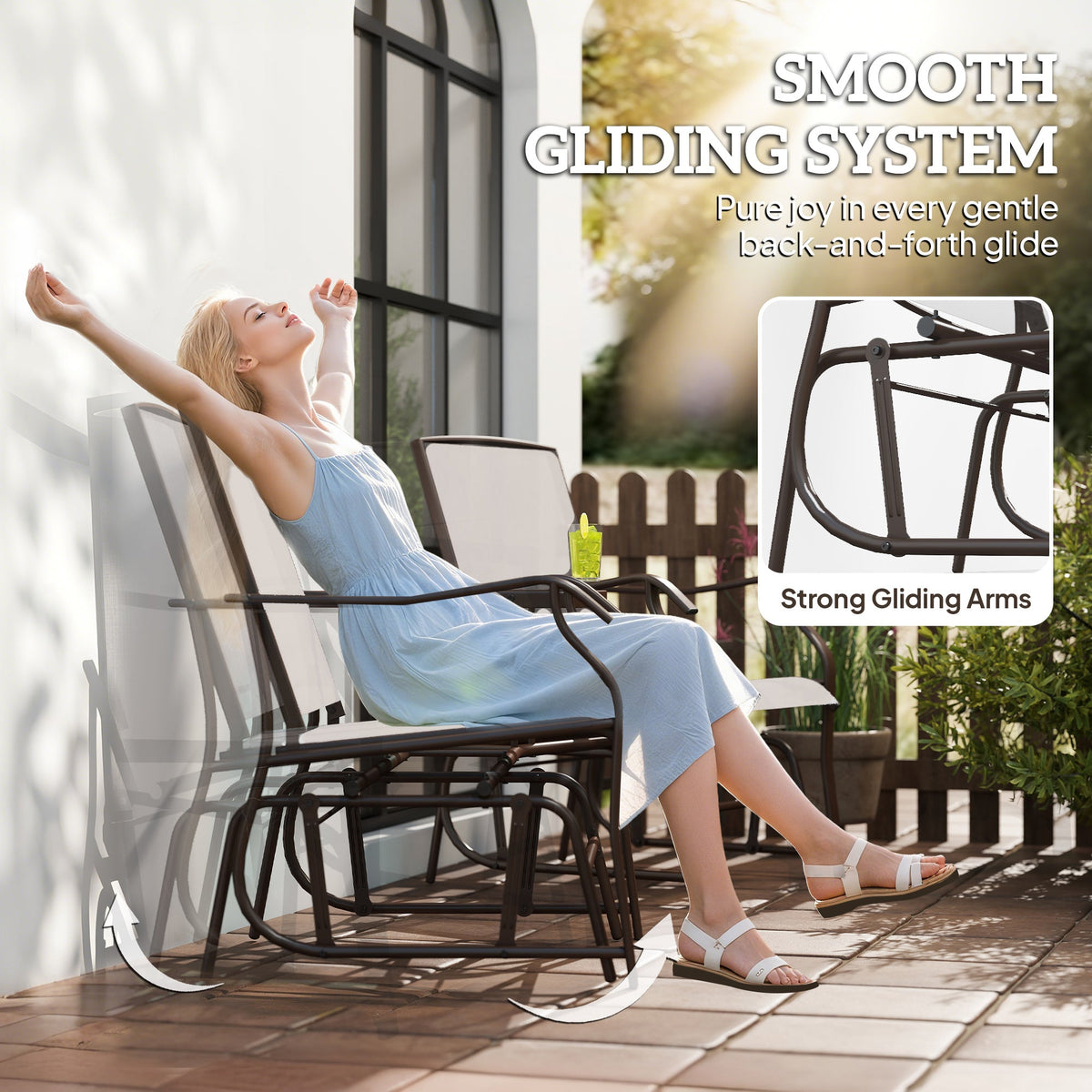 Double Patio Glider Chair with Glass Top Center Table, All Weather Breathable Mesh Fabric, Beige — product view 6