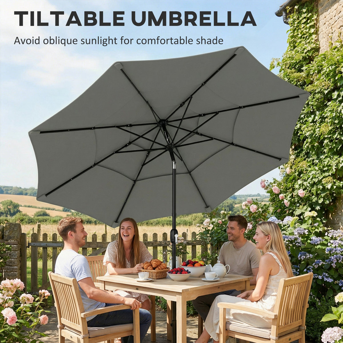 3 m Garden Parasol with 3-Tier Roof, Crank Handle & Tilt, Grey — product view 6
