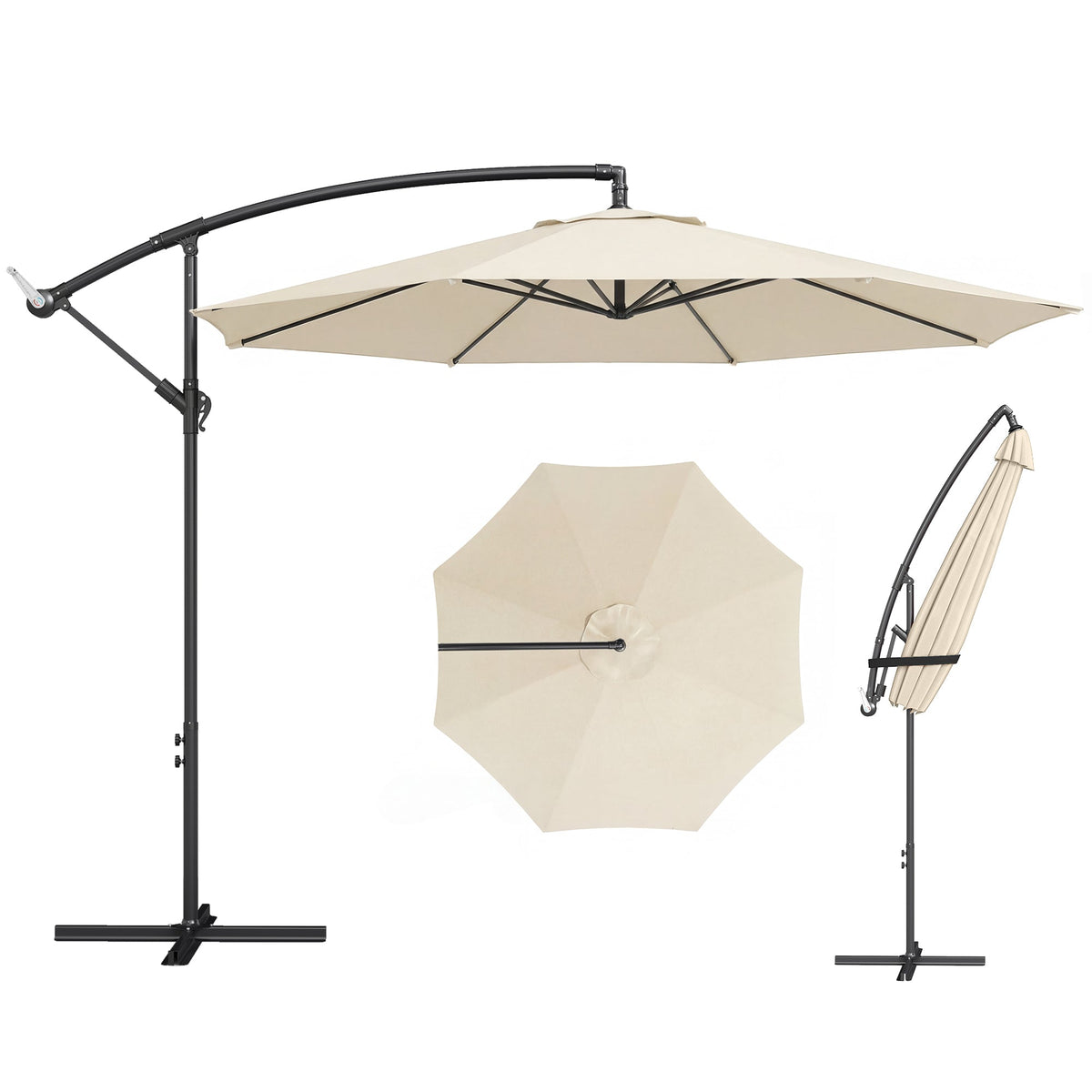 3 m Banana Parasol with Crank Handle, 8 Ribs & Cross Base, Cream White — product view 1