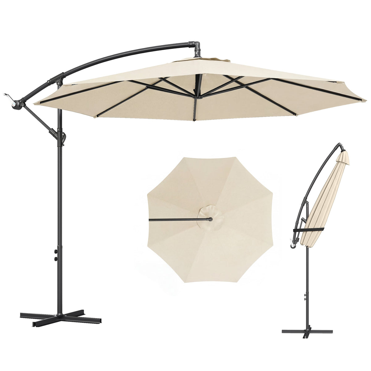 3 m Banana Parasol with Crank Handle, 8 Ribs & Cross Base, Cream White — product view 2