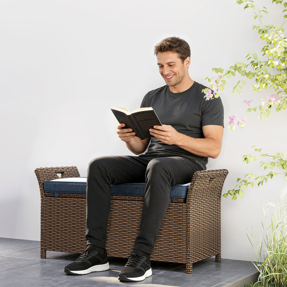2-in-1 Patio Wicker Storage Bench, 29 Gallon with Cushion, Navy Blue — product view 4