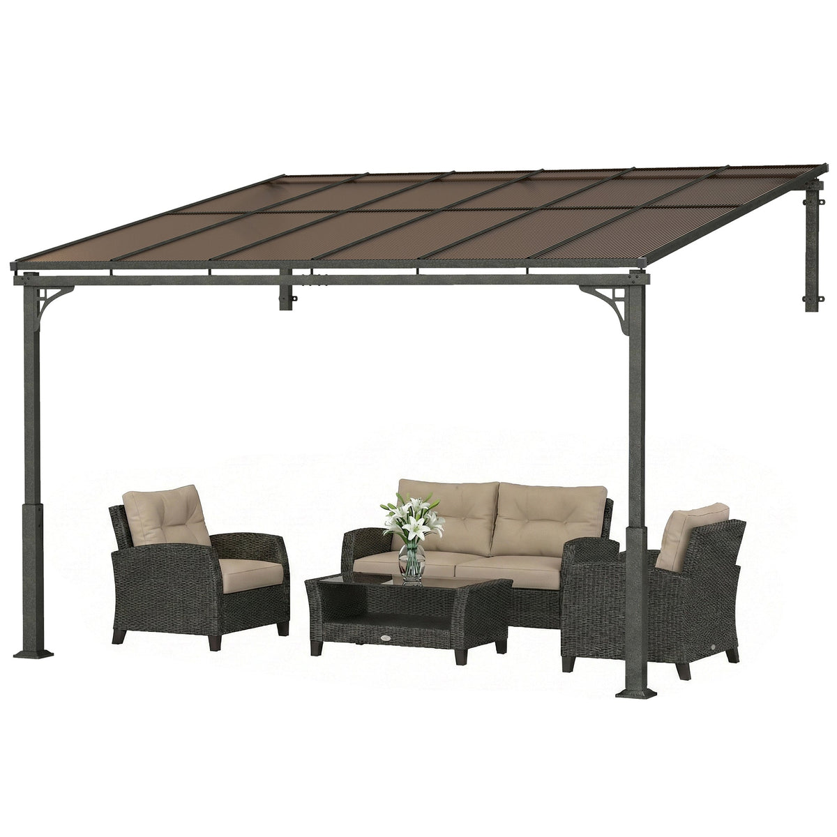 11' x 10' Wall Mounted Lean-to Pergola with Polycarbonate Roof, Brown — product view 2