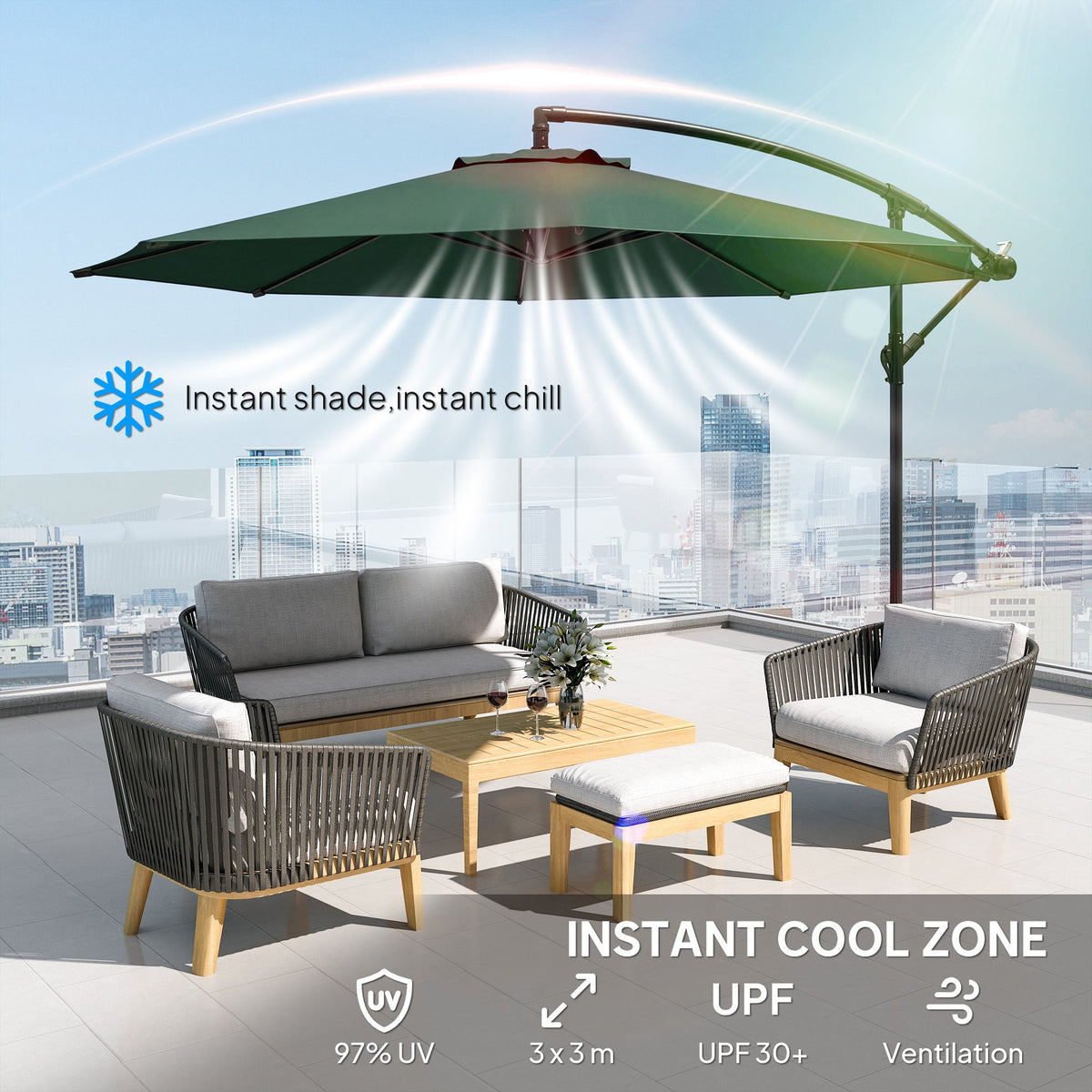 3 m Banana Parasol with Crank Handle, 8 Ribs & Cross Base, Dark Green — product view 6