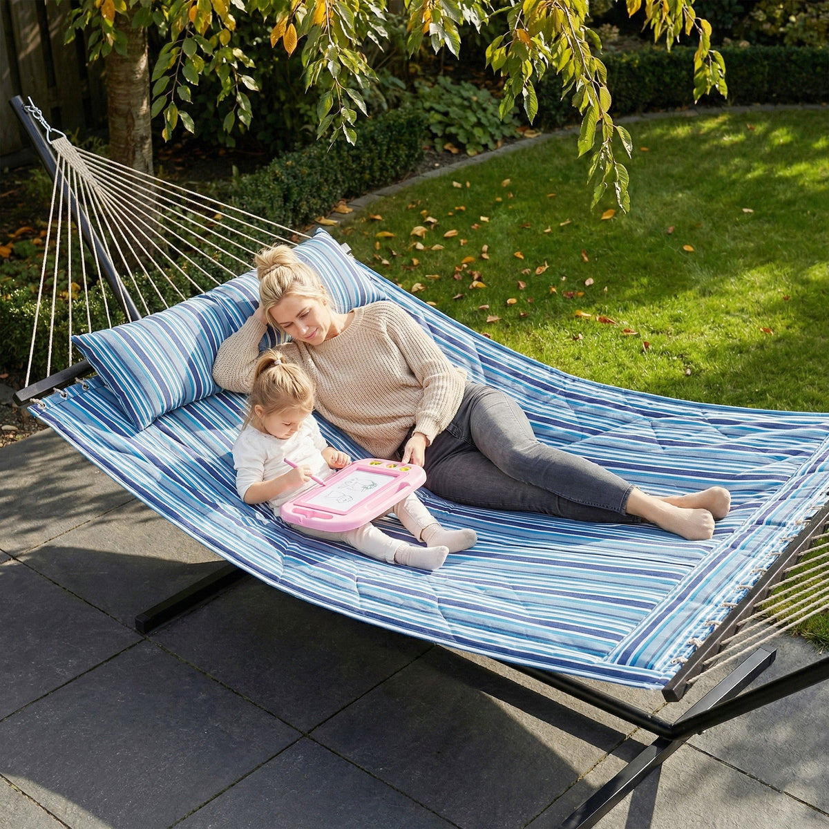 Outdoor Hammock with Stand, Detachable Pillow and Spreader Bars, Blue — product view 3