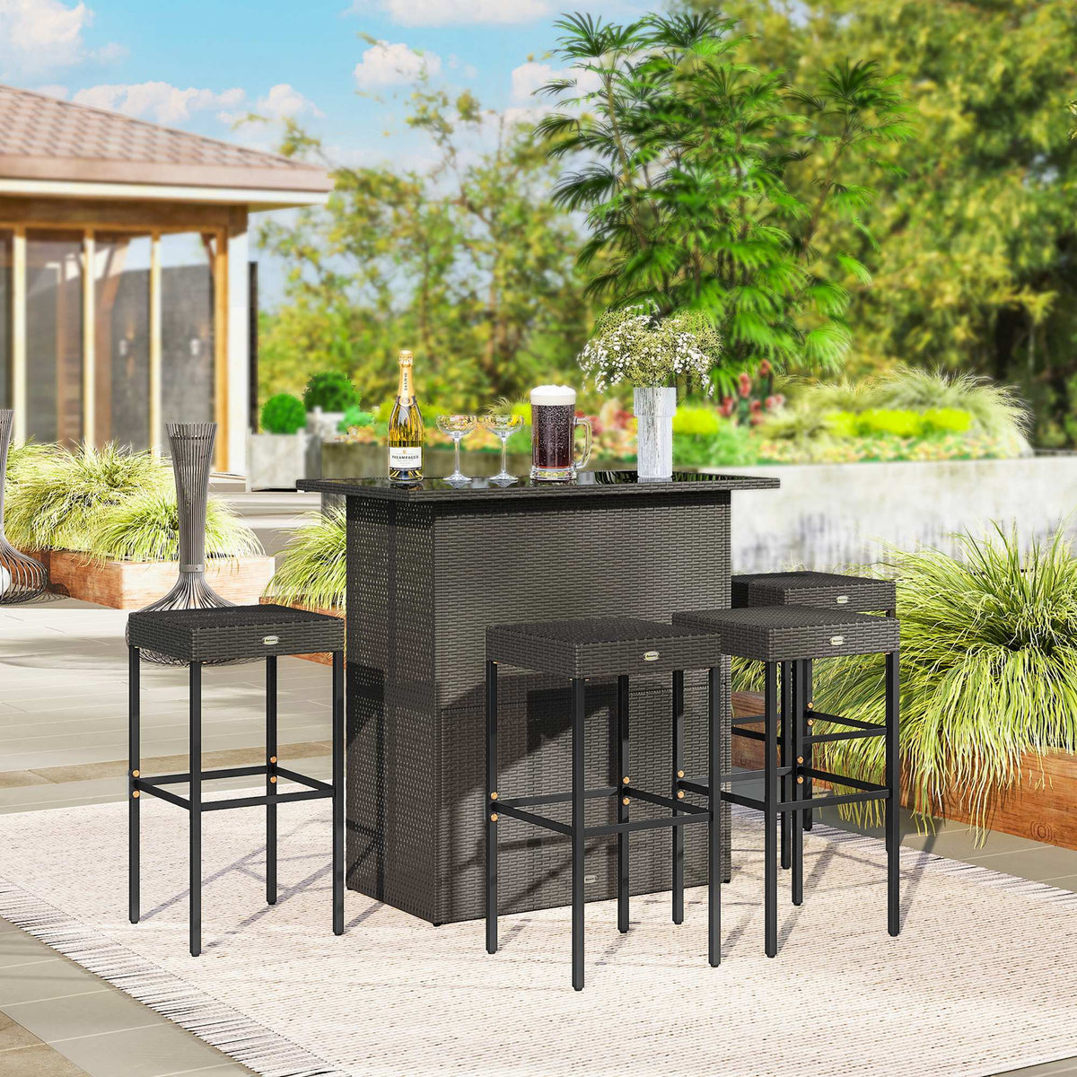 5 Piece Outdoor Wicker Bar Set with Glass Top Table and 4 Stools, Dark Brown — product view 3