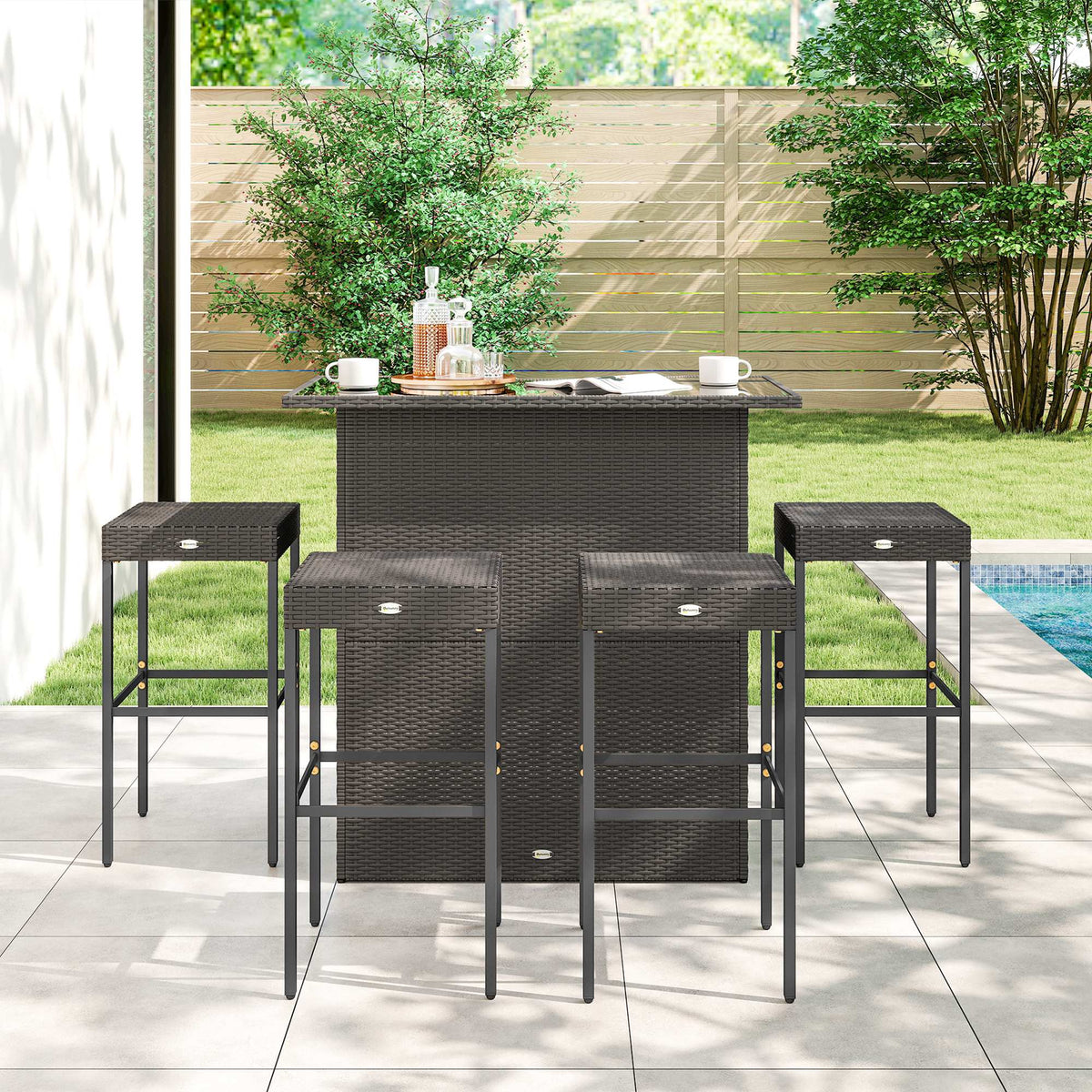 5 Piece Outdoor Wicker Bar Set with Glass Top Table and 4 Stools, Dark Brown — product view 4