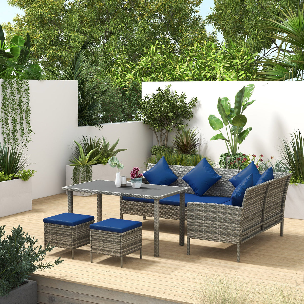 5 Piece Rattan Garden Furniture Set, 6 Seater Corner Dining Set, Dark Blue — product view 4