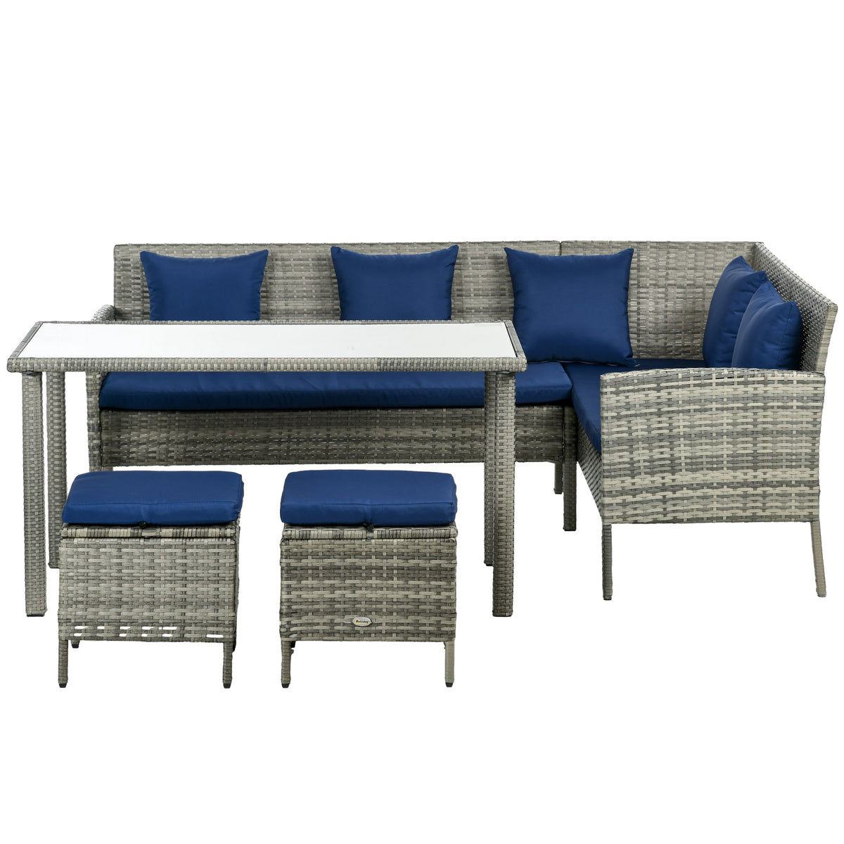 5 Piece Rattan Garden Furniture Set, 6 Seater Corner Dining Set, Dark Blue — product view 2