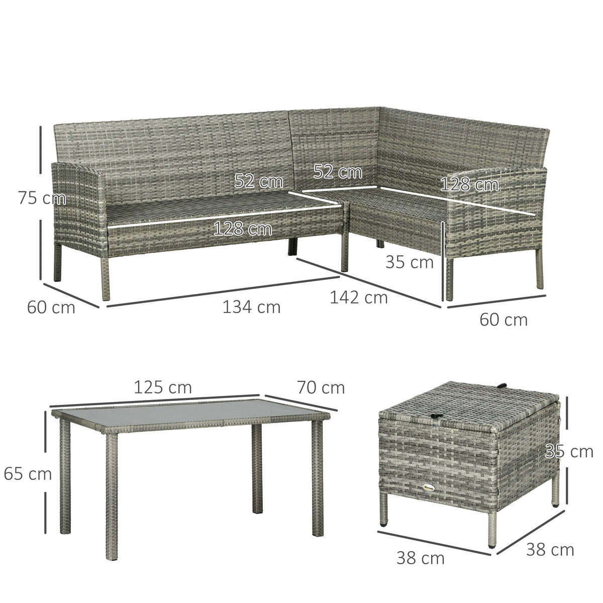 5 Piece Rattan Garden Furniture Set, 6 Seater Corner Dining Set, Dark Blue — product view 5