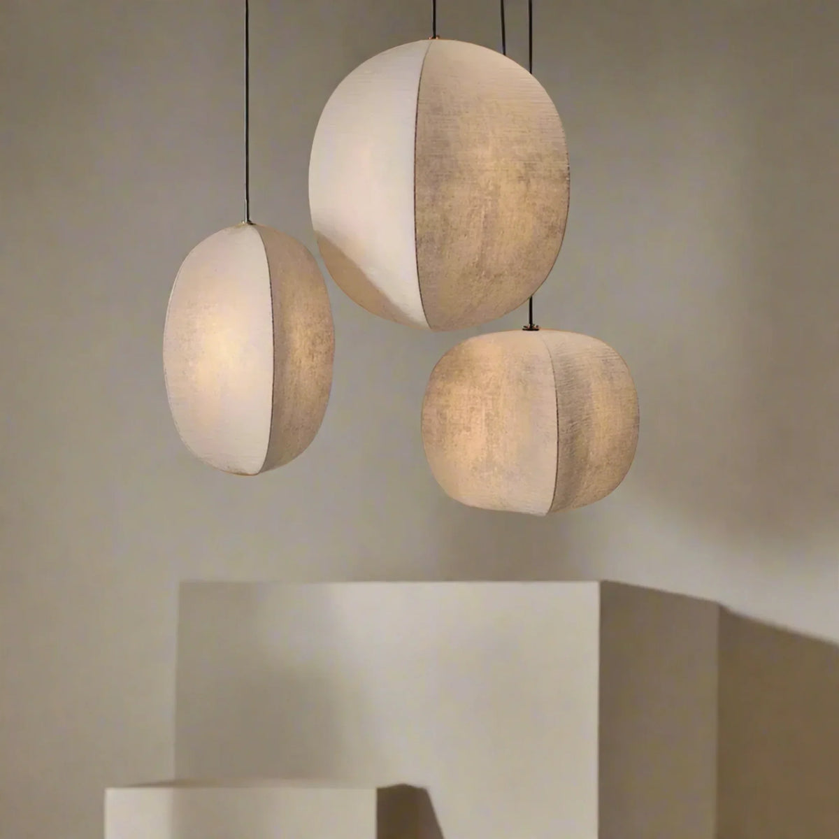 Linen Lantern Pendant Light Japandi Style Height Adjustable Dining Room Bedroom — Small Medium Large — product view 4