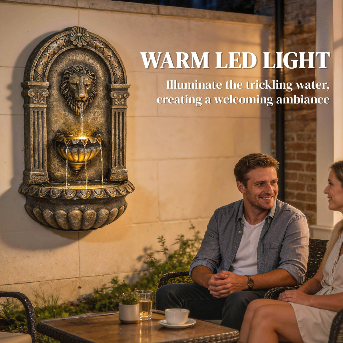 31" Wall-Mounted 3-Tier Fountain with LED Lights, Rustic Brown — product view 7
