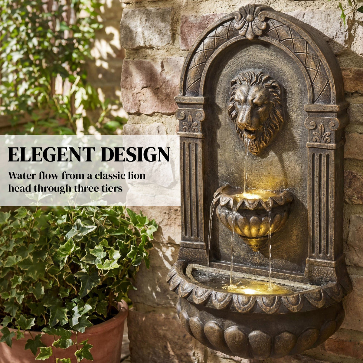 31" Wall-Mounted 3-Tier Fountain with LED Lights, Rustic Brown — product view 6