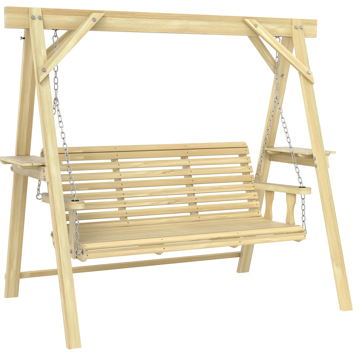3 Seat Porch Swing with Stand and Side Tables, Natural Wood — product view 1