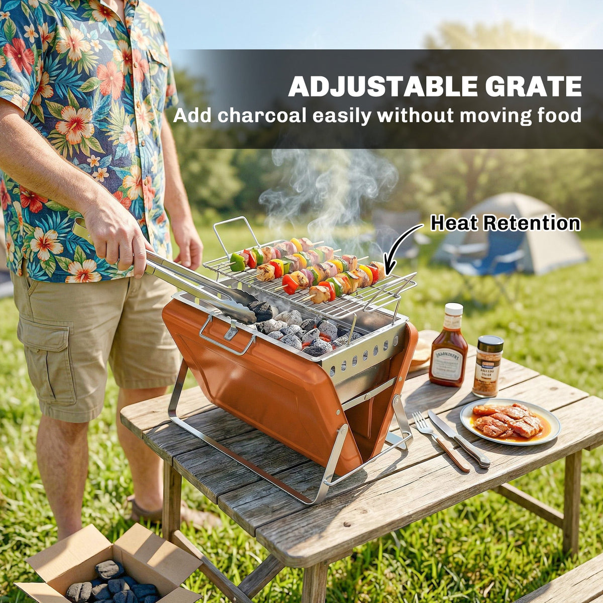 Folding Portable Charcoal BBQ Grill with Handle and Foldable Legs, Orange — product view 7