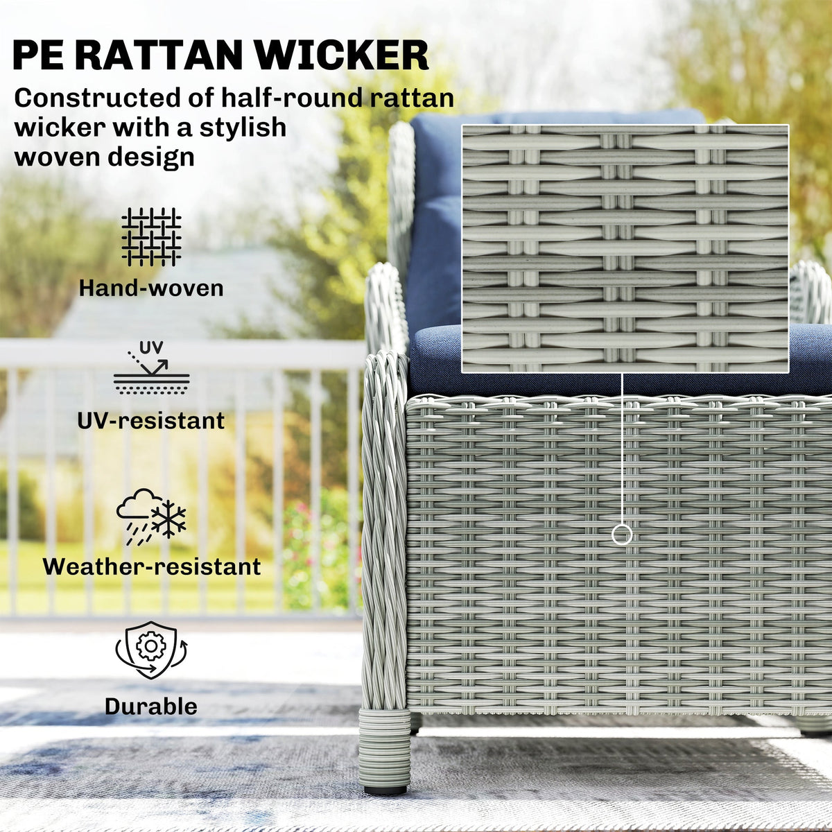 5 Piece Rattan Reclining Chair Set with Footstool and Glass Table, Dark Blue — product view 6