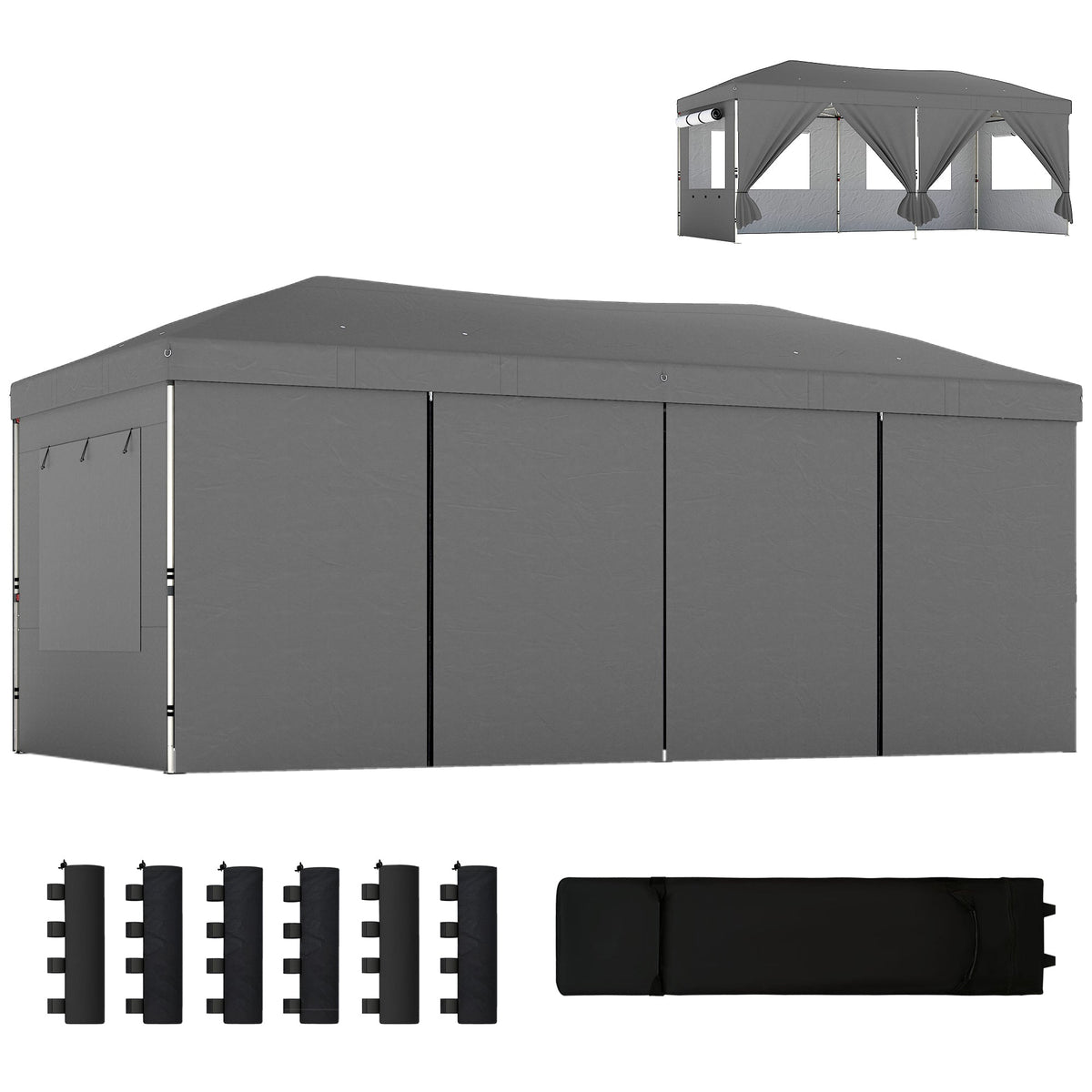 3 x 6 m Pop Up Gazebo with 6 Sidewalls, Wheeled Bag & Sandbags, Dark Grey — product view 2