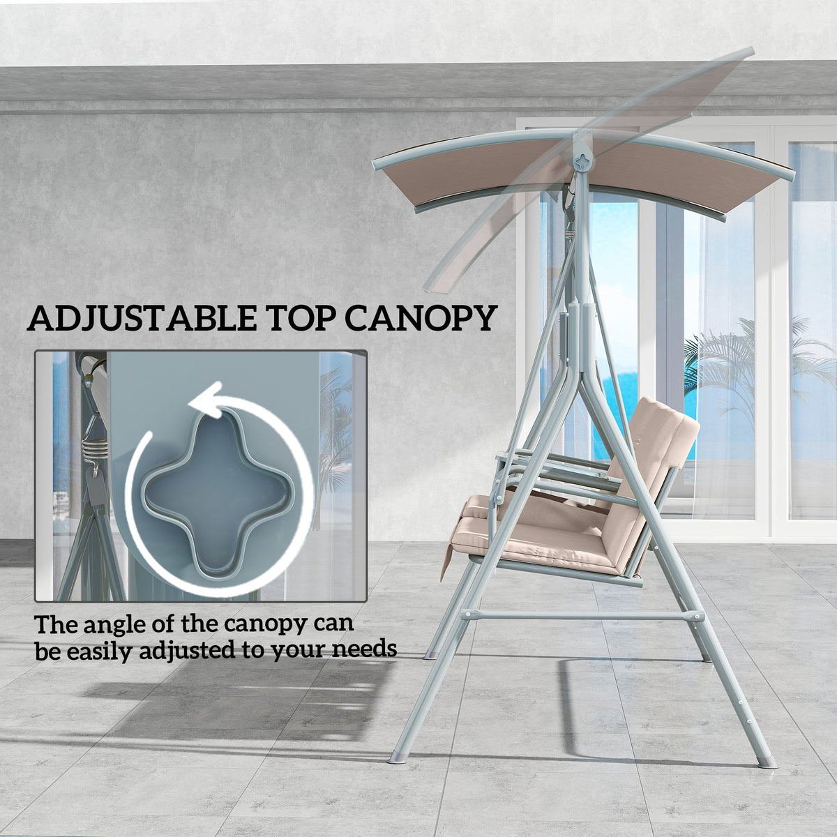 2-Person Porch Swing with Stand and Pivot Table, Beige — product view 6