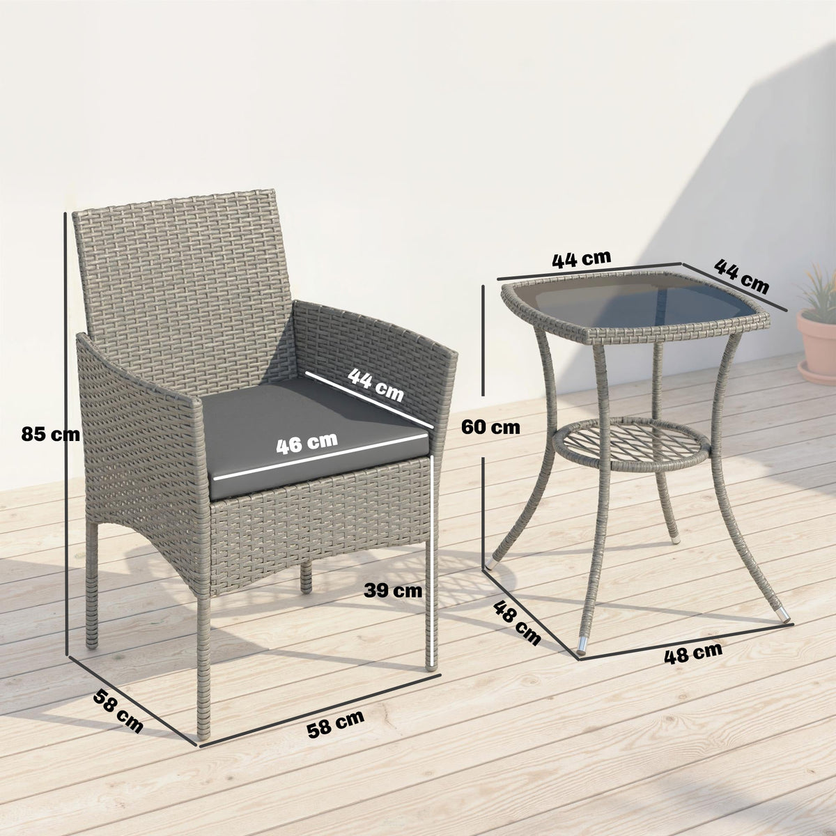 3-Piece PE Rattan Bistro Set with Glass-Top Table & Cushions, Dark Grey — product view 5