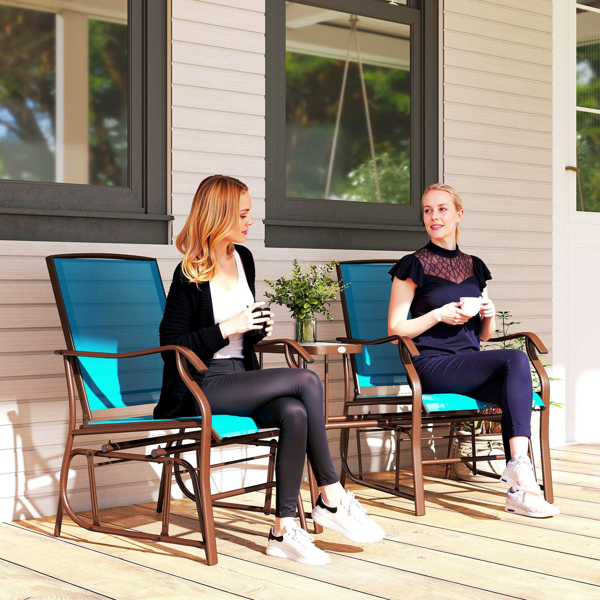 Double Patio Glider Chair with Glass Top Center Table, All Weather Breathable Mesh Fabric, Blue — product view 4
