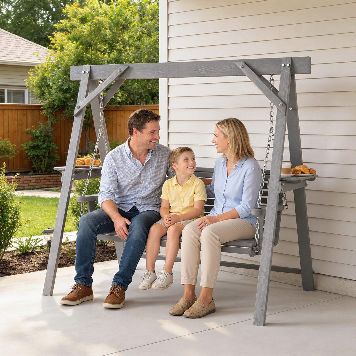 3 Seater Wooden Garden Swing Seat with Side Tables, Dark Grey — product view 4