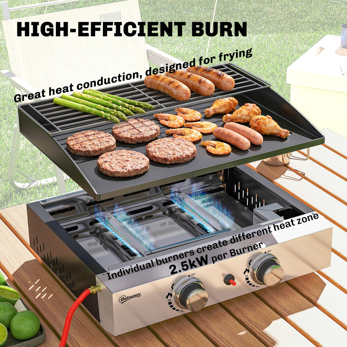 2 Burner Gas Plancha Grill with Warming Rack, 5 kW, Black — product view 6