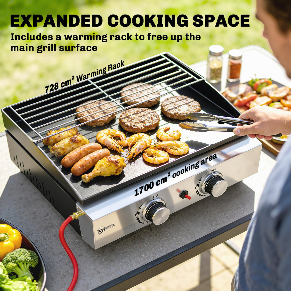 2 Burner Gas Plancha Grill with Warming Rack, 5 kW, Black — product view 7