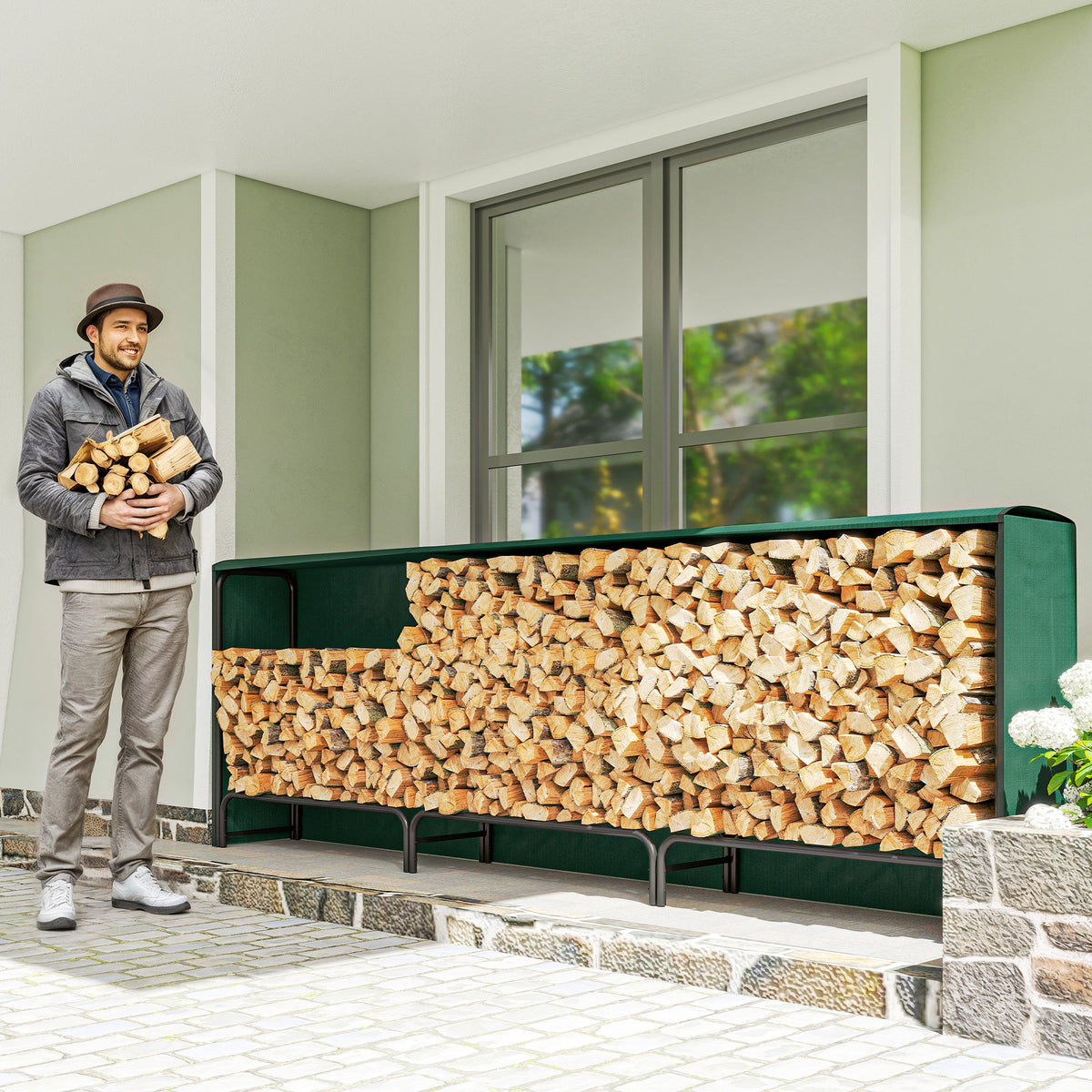 10 ft Heavy Duty Firewood Rack with Waterproof Cover & Steel Chains, Dark Green — product view 3