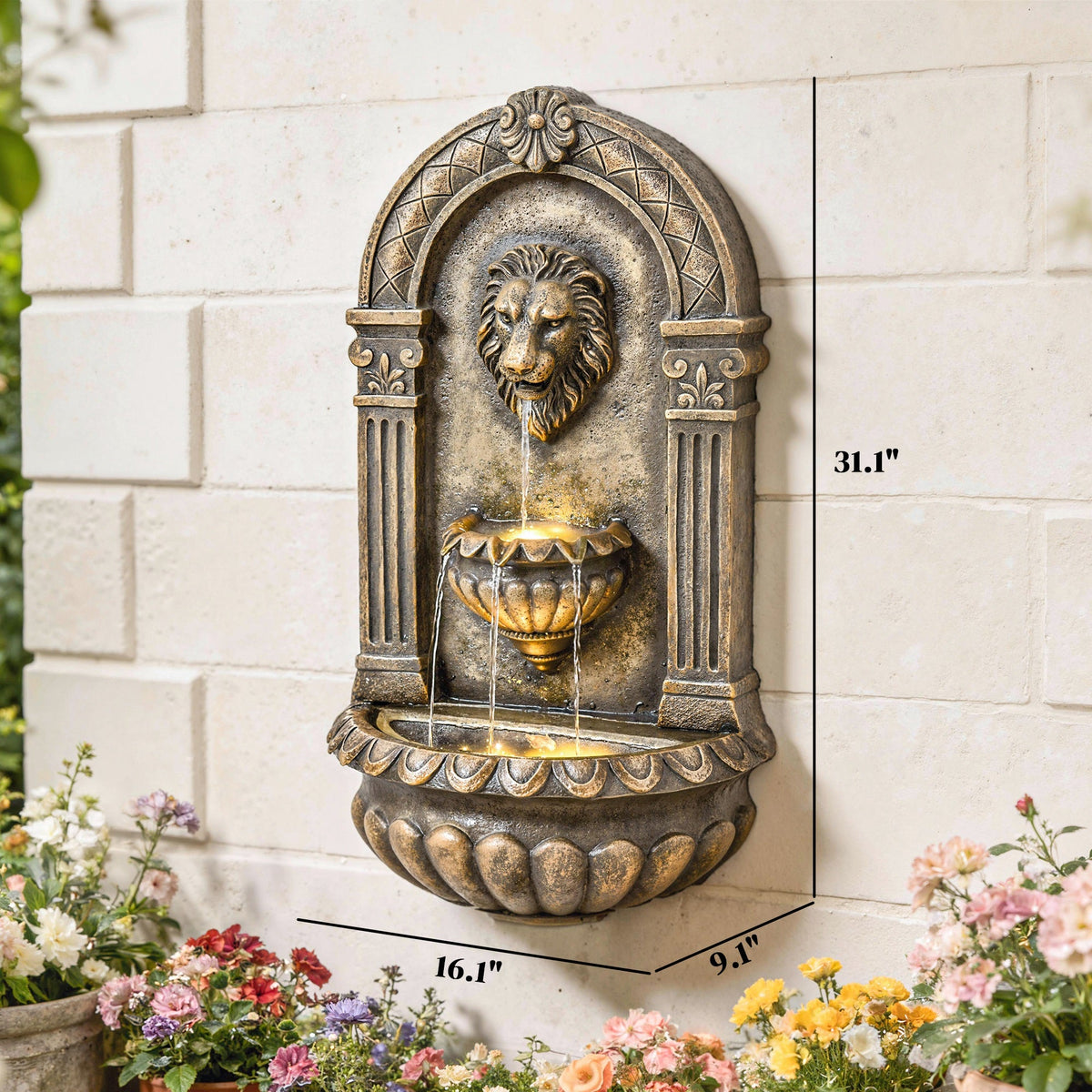 31" Wall-Mounted 3-Tier Fountain with LED Lights, Rustic Brown — product view 5