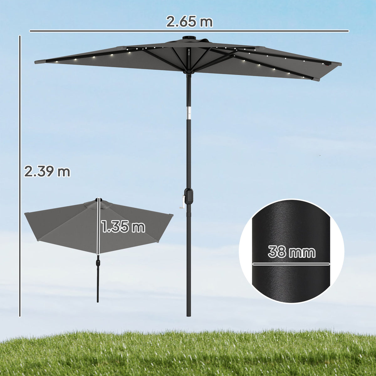 2.6 m Half Garden Parasol with Solar LED Lights and Tilt, Dark Grey — product view 5
