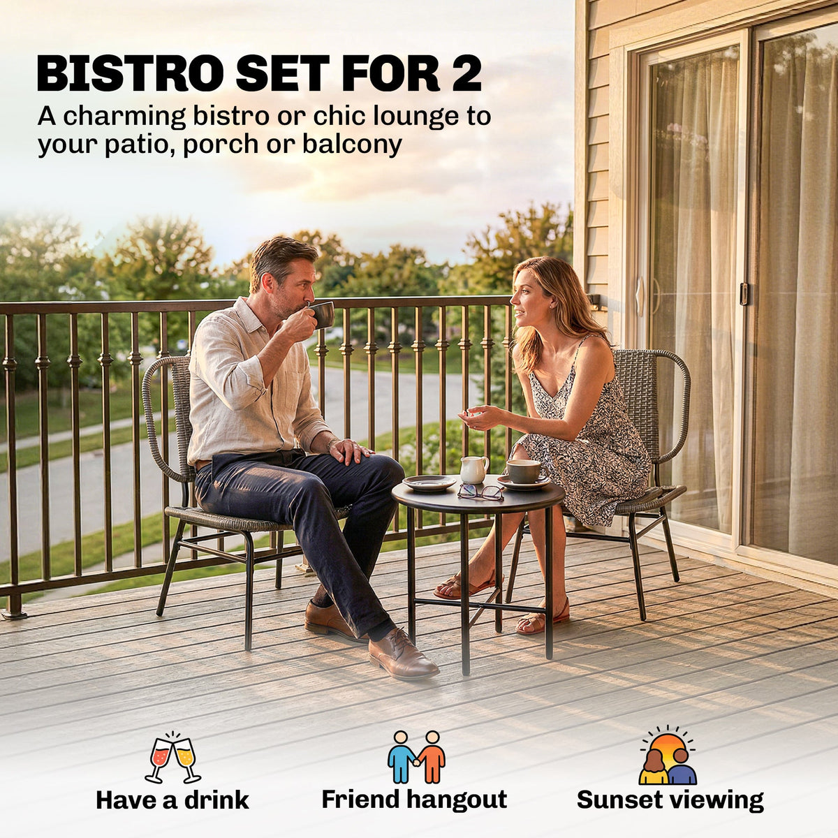 3 Piece Wicker Patio Bistro Set with 2 Armless Chairs and Steel Table, Grey — product view 6