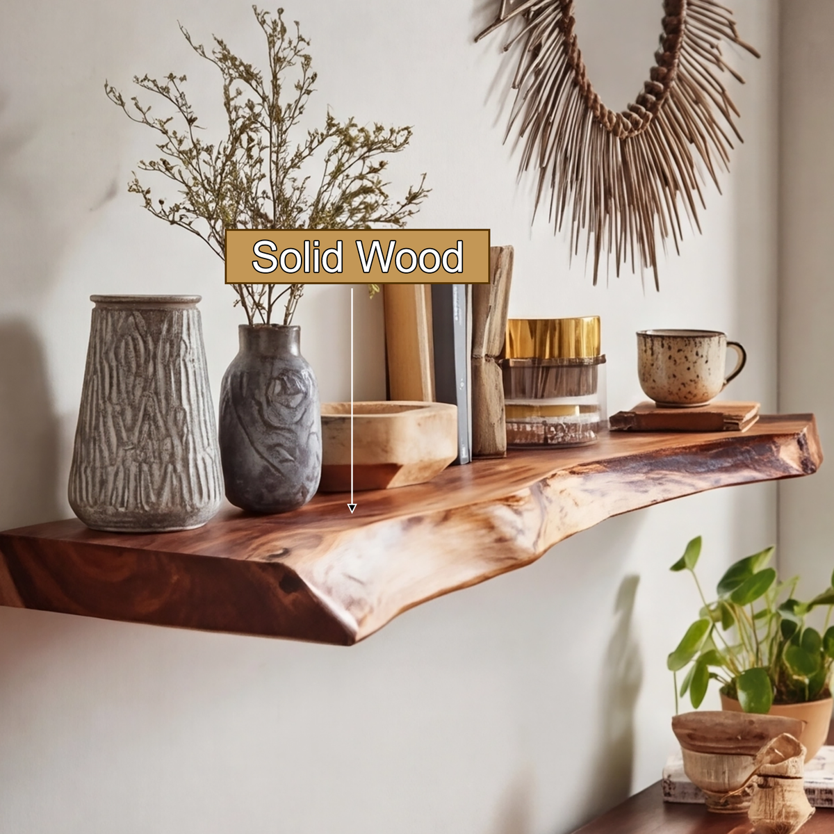 Live Edge Rustic Solid Wood Floating Shelf — product view 3