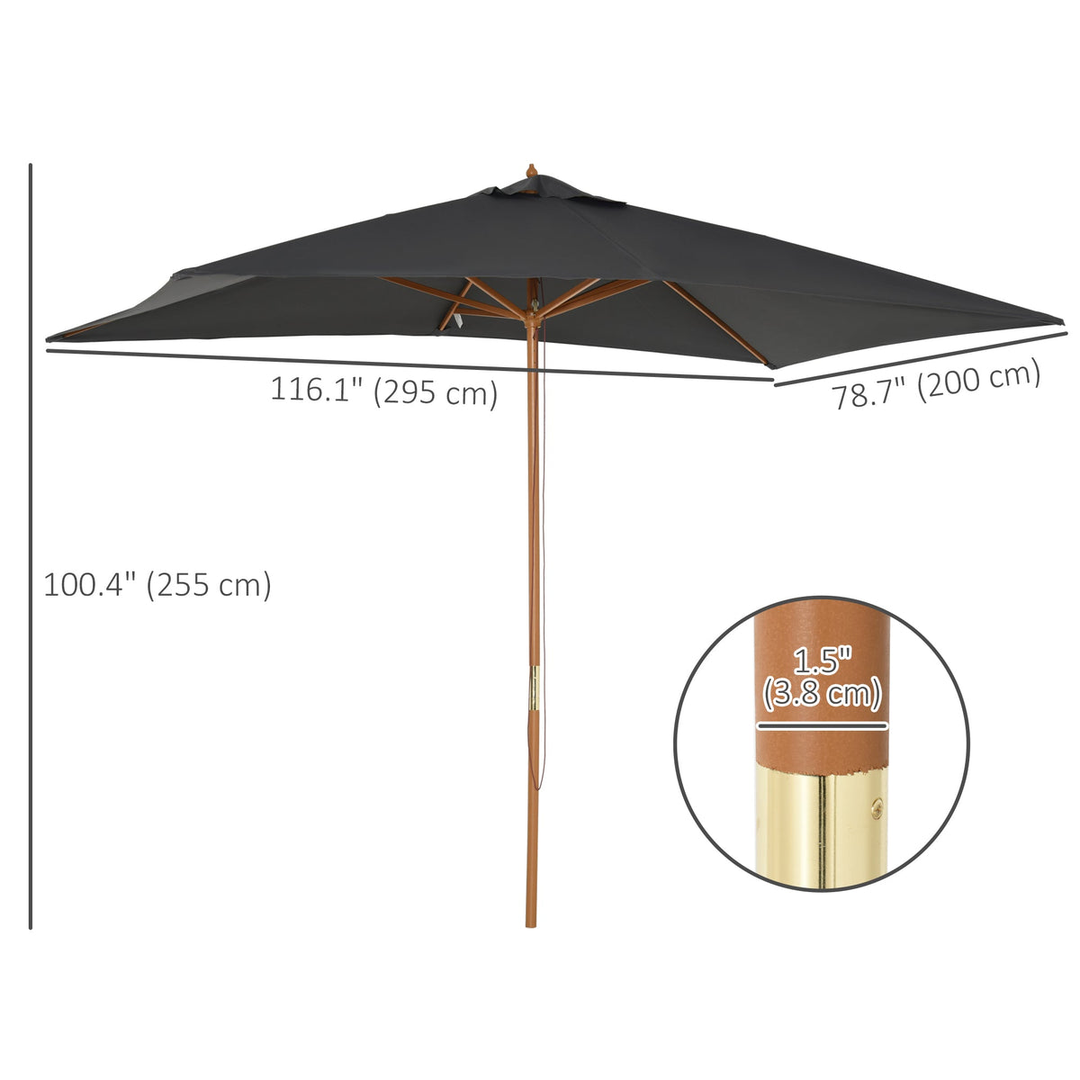 7' x 10' Wooden Patio Umbrella with Top Vent, Dark Grey — product view 5