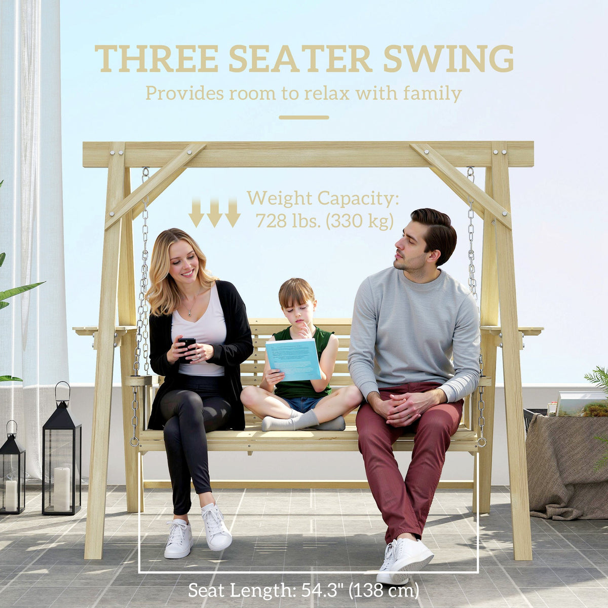 3 Seat Porch Swing with Stand and Side Tables, Natural Wood — product view 6