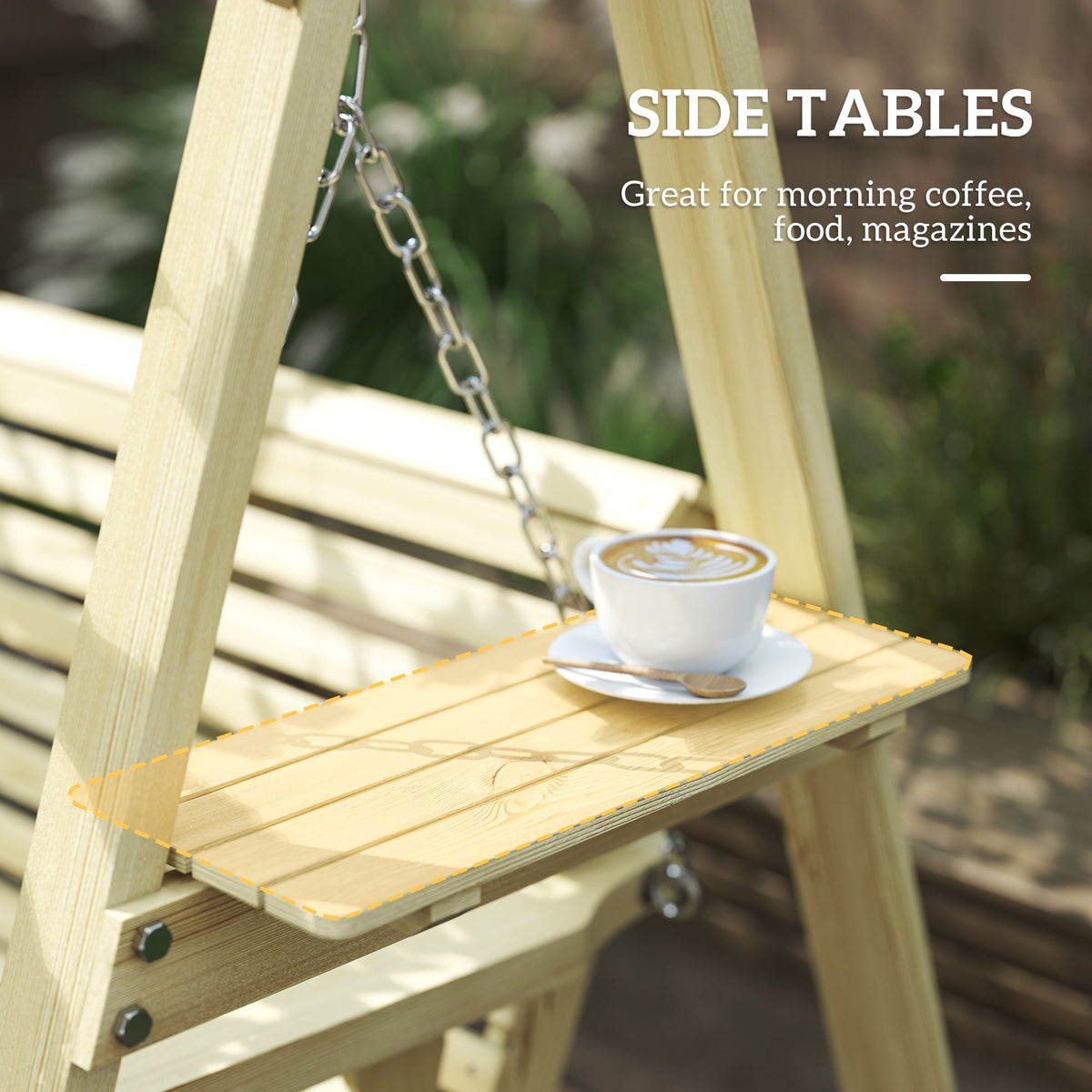 3 Seat Porch Swing with Stand and Side Tables, Natural Wood — product view 7