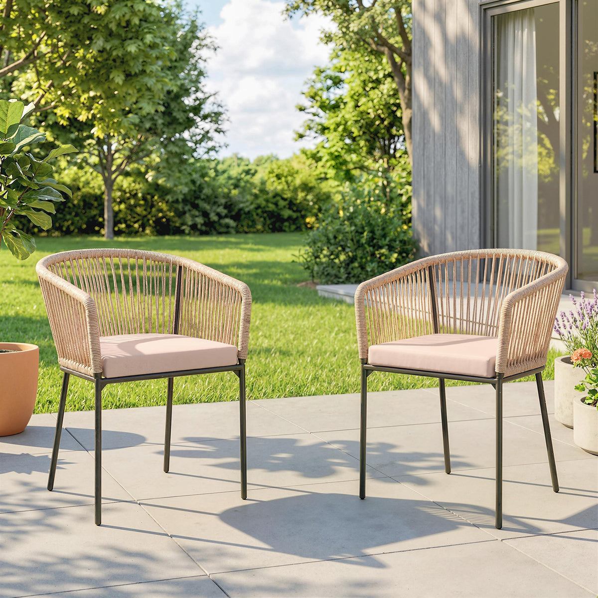 Set of 2 Rattan Dining Chairs with Cushions, Metal Frame, String Back & Armrests — product view 3
