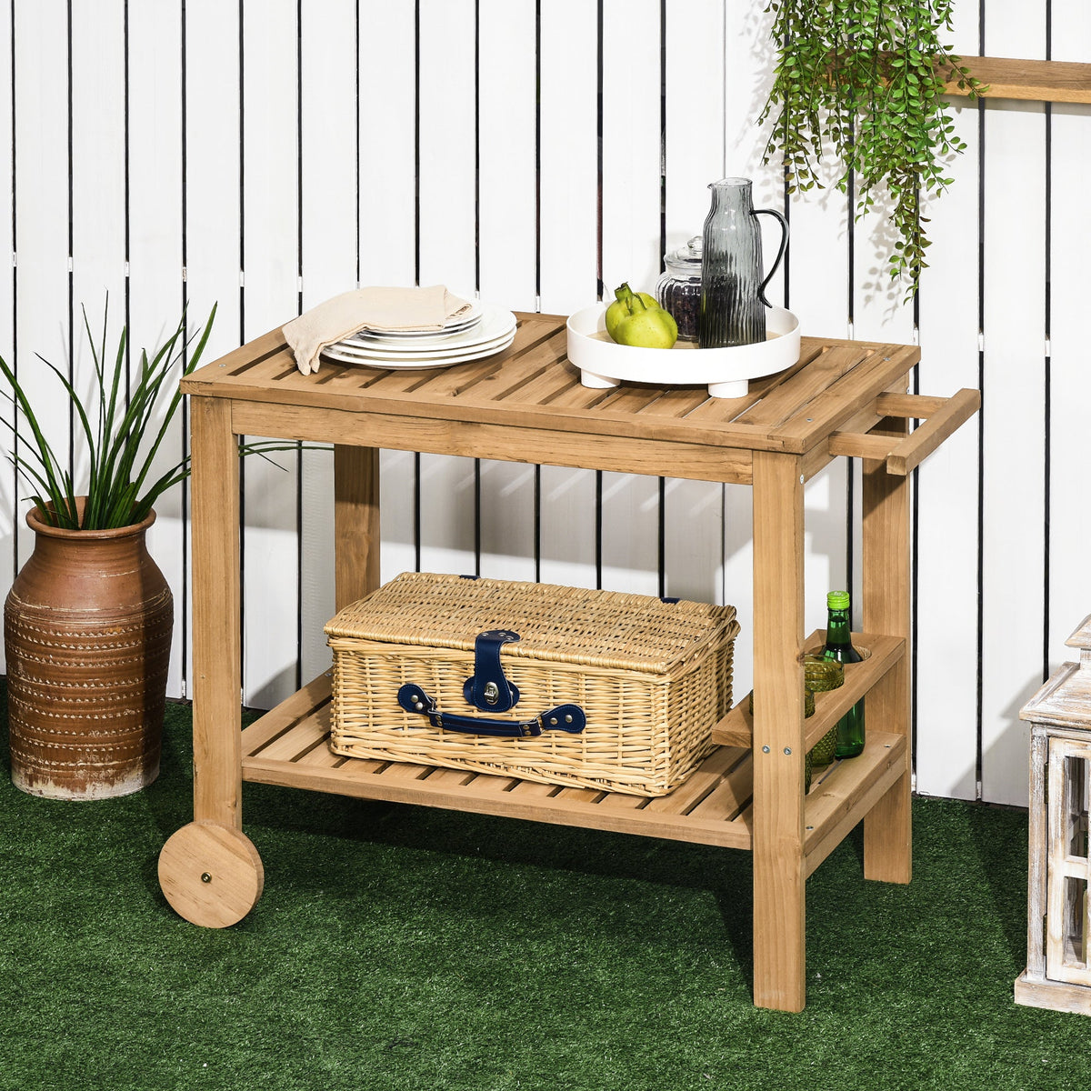 Wood Outdoor Bar Cart with 2 Shelves and Wine Holders, Natural — product view 3