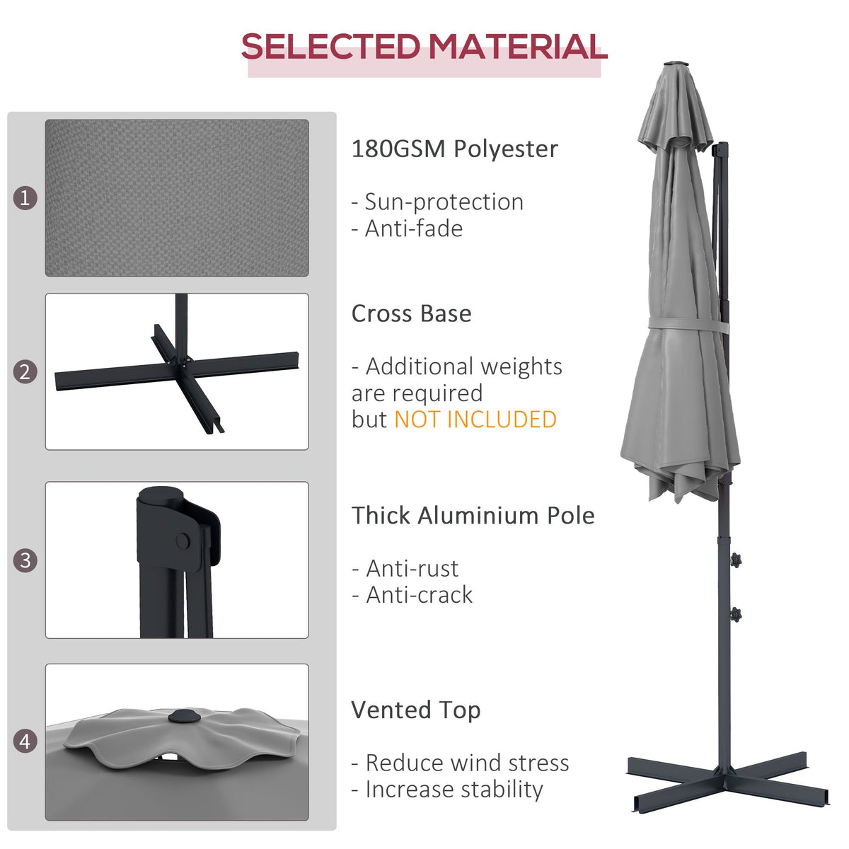 10ft Cantilever Patio Umbrella with 360° Rotation and Tilt, Grey — product view 6