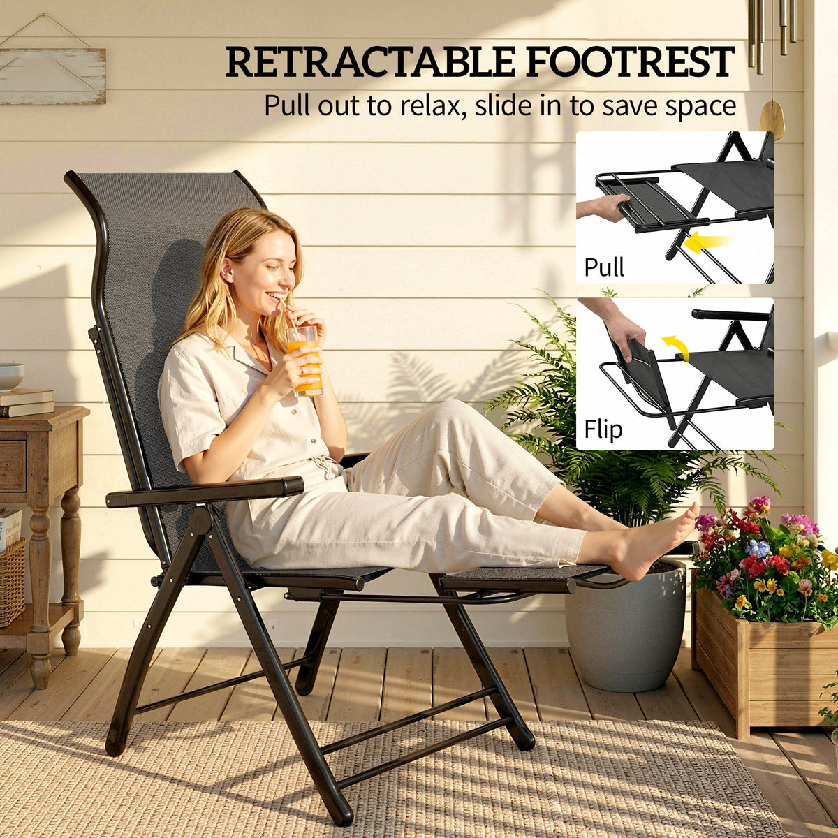 Set of 2 Folding Patio Chairs with Footrest and 5-Position Recline, Dark Grey — product view 7