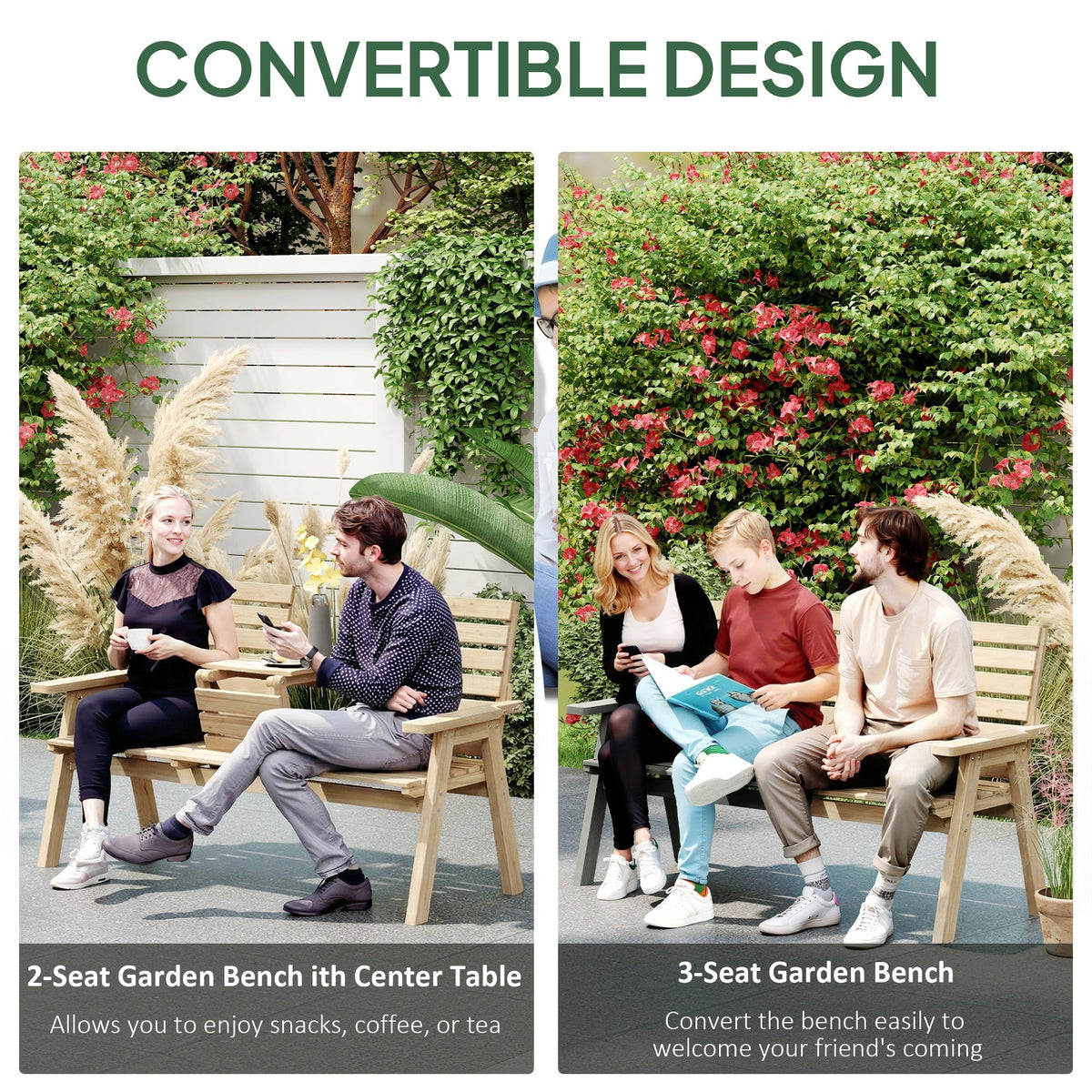 2 Seater Wooden Garden Bench with Convertible Middle Table, Natural — product view 6